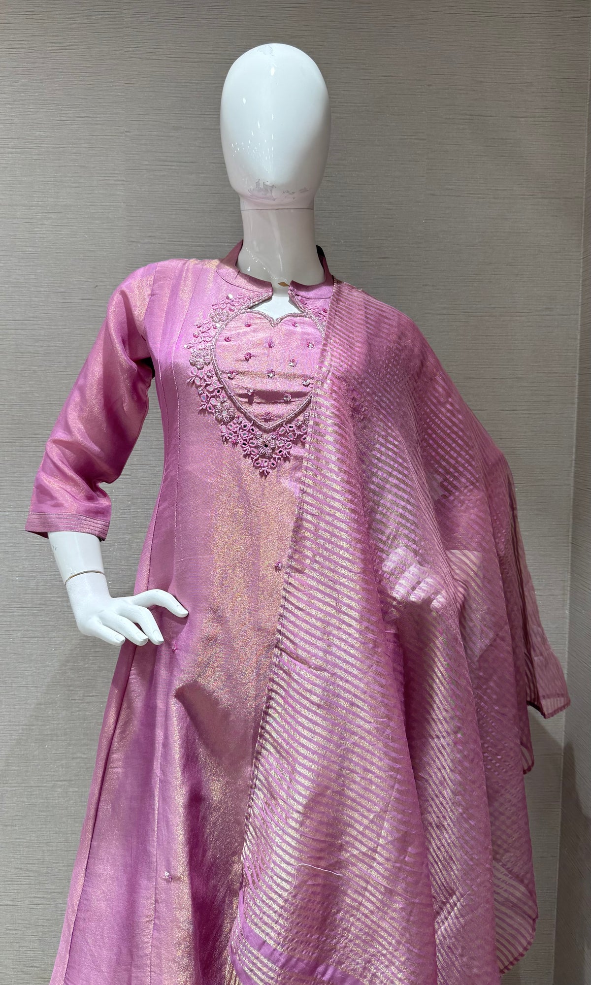 Lilac Silk Kurta Set with Embroidery Neckline & Zari Dupatta