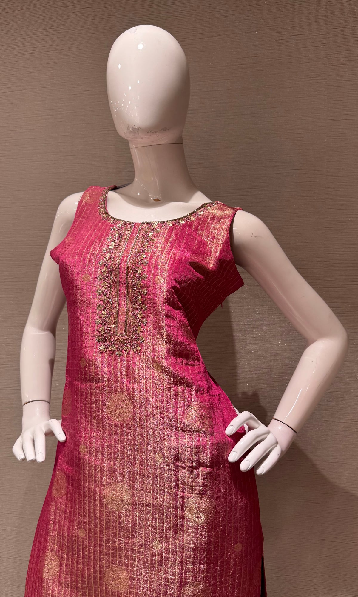 Pink Banarasi Silk Straight Kurta Set with Zari Dupatta