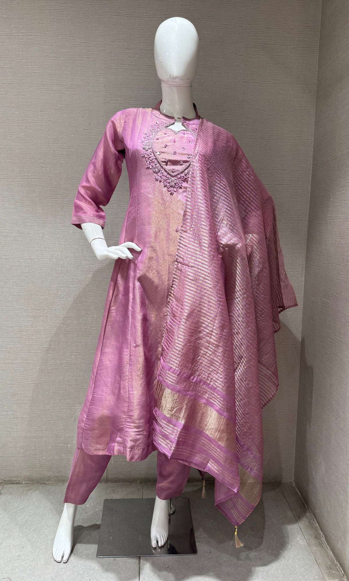 Lilac Silk Kurta Set with Embroidery Neckline & Zari Dupatta