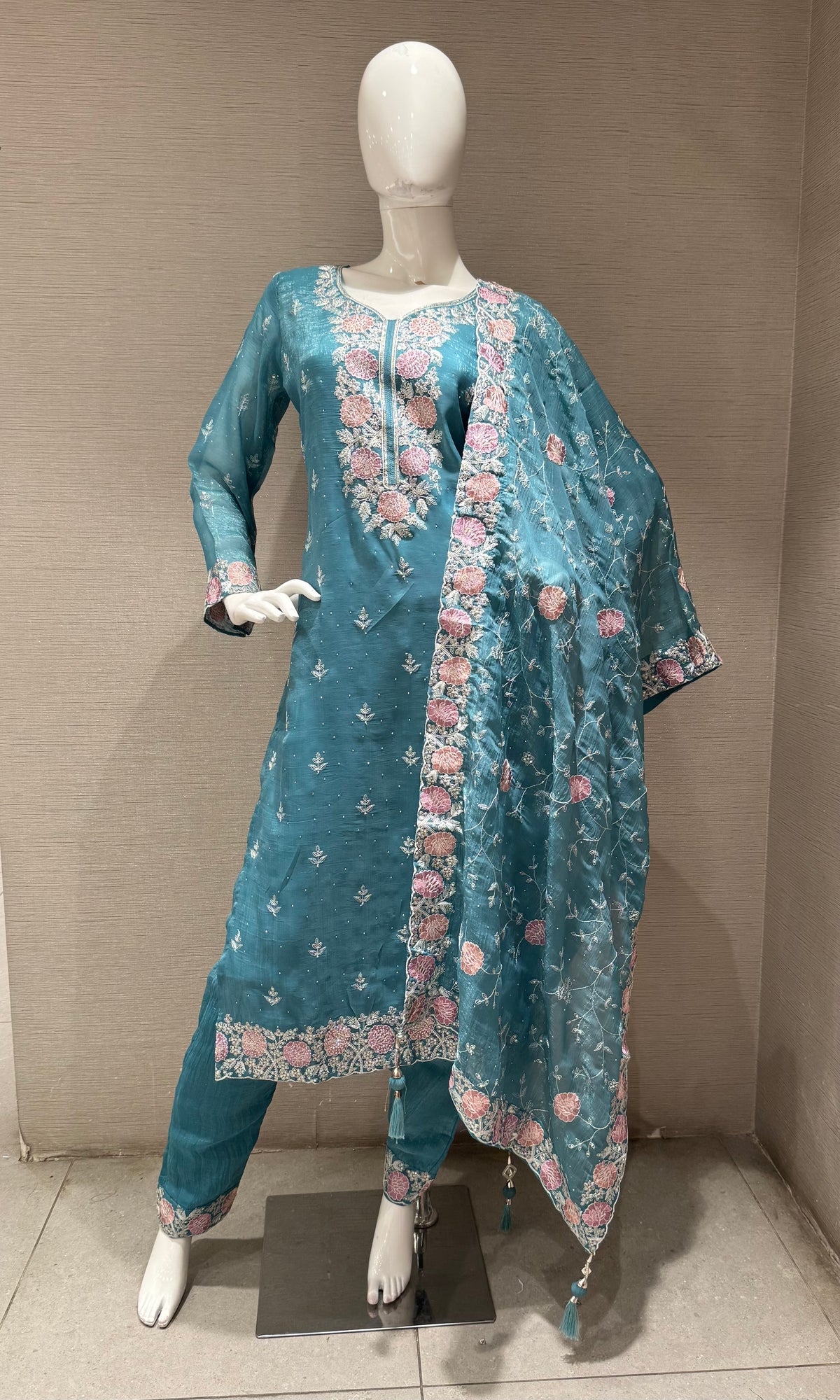 Blue Floral Embroidered Chinon Silk Salwar Kurta Set with Dupatta