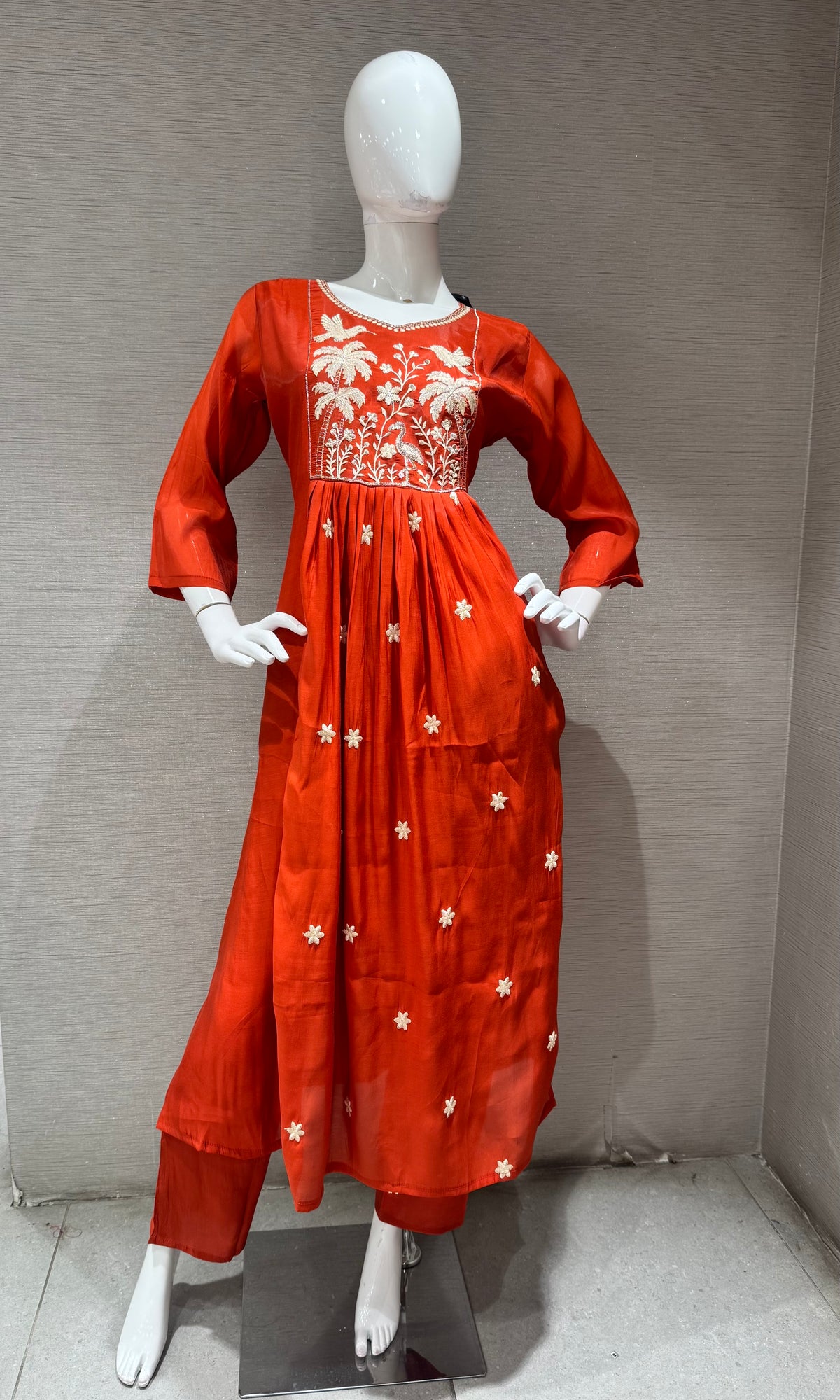Rust Mul chanderi embroidered kurta set with dupatta