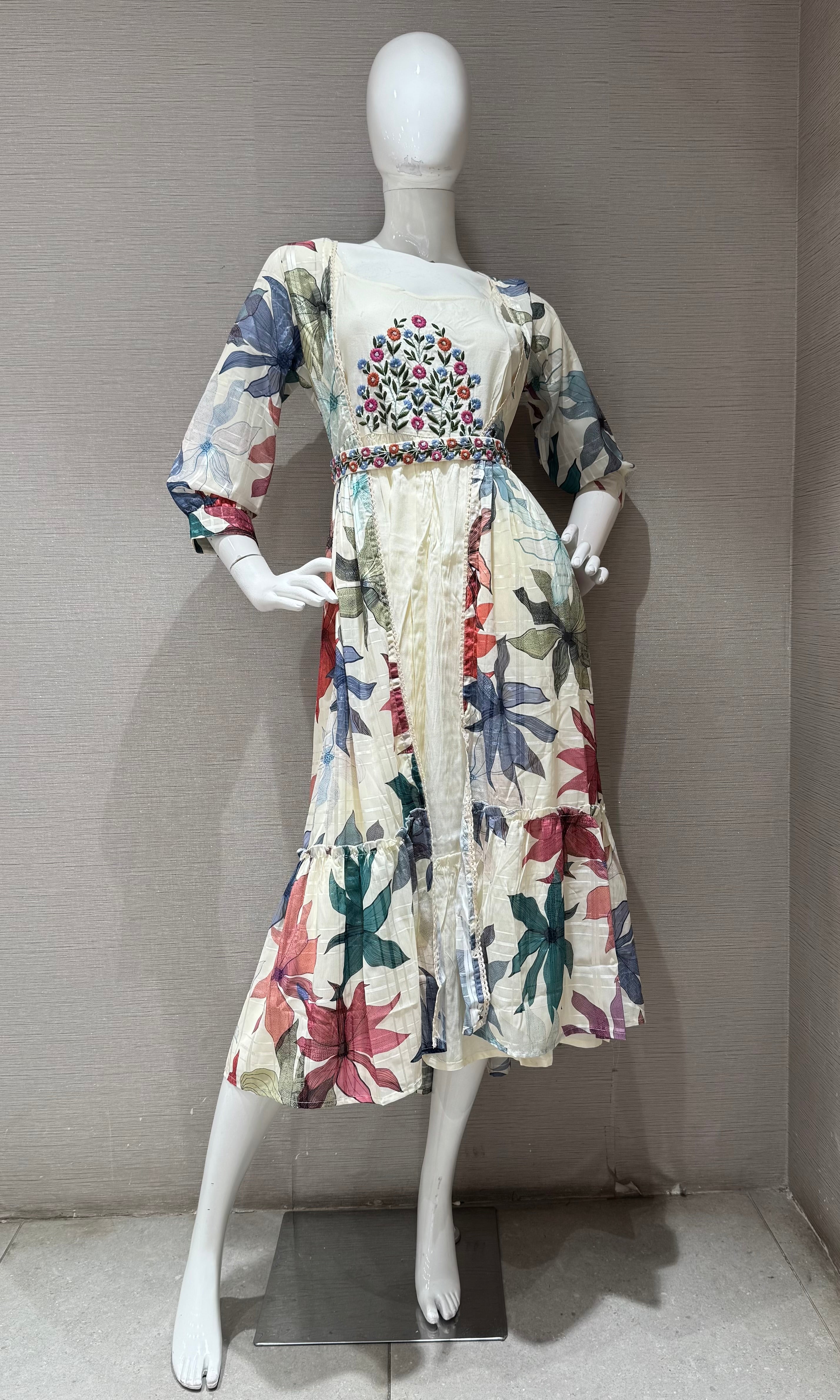 Blue Long Sleeve Floral Print Dress