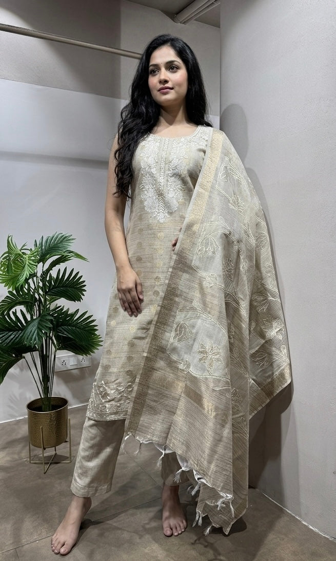 Fawn Banarasi Silk Embroidery Kurta Set
