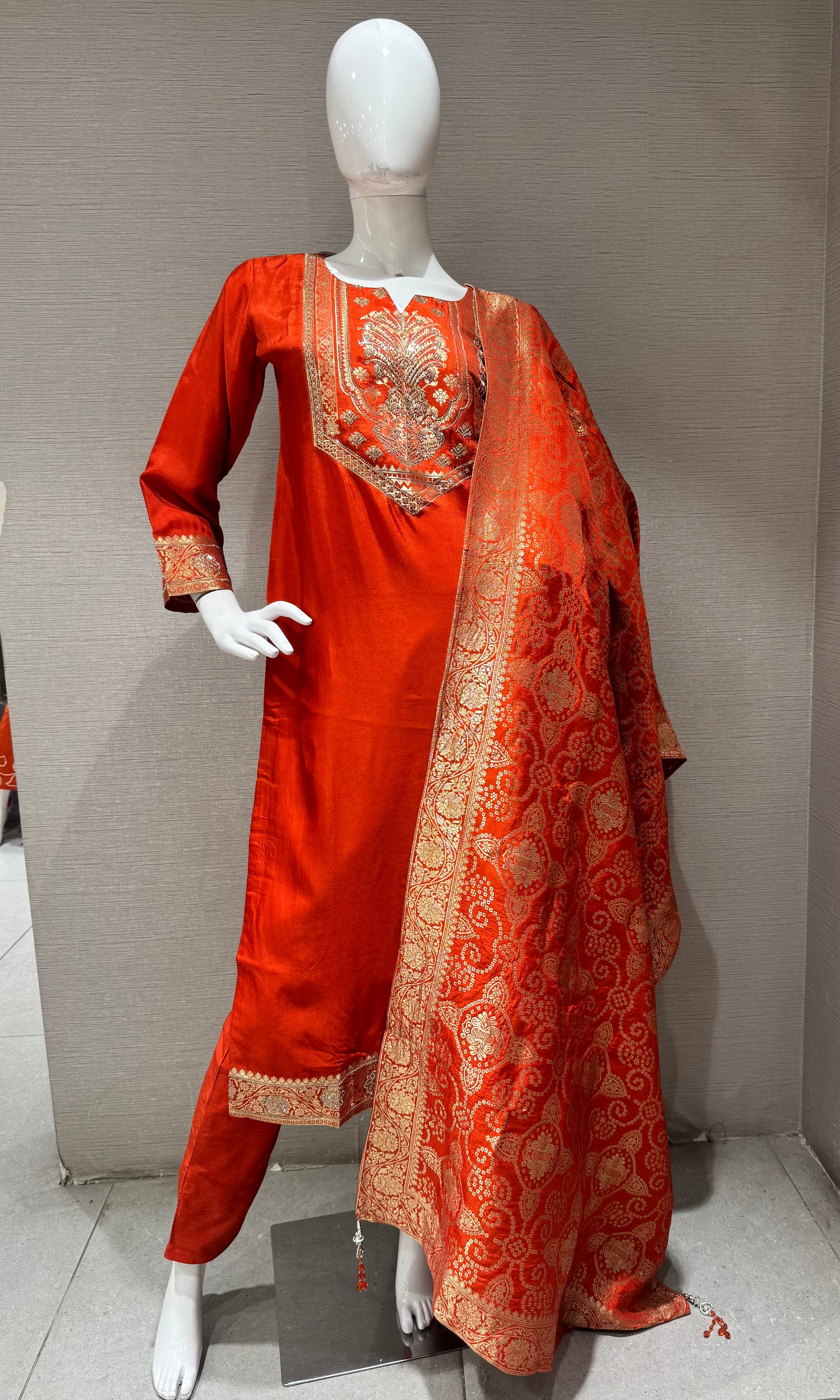 Orange Silk Blend Ethnic Kurta set