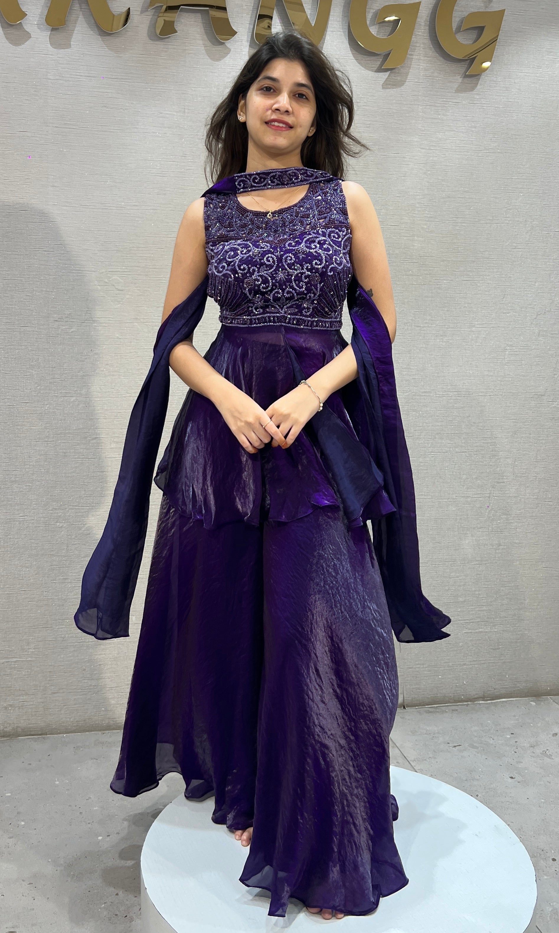 Purple Peplum Top with Flared Palazzo & Choker Dupatta Set