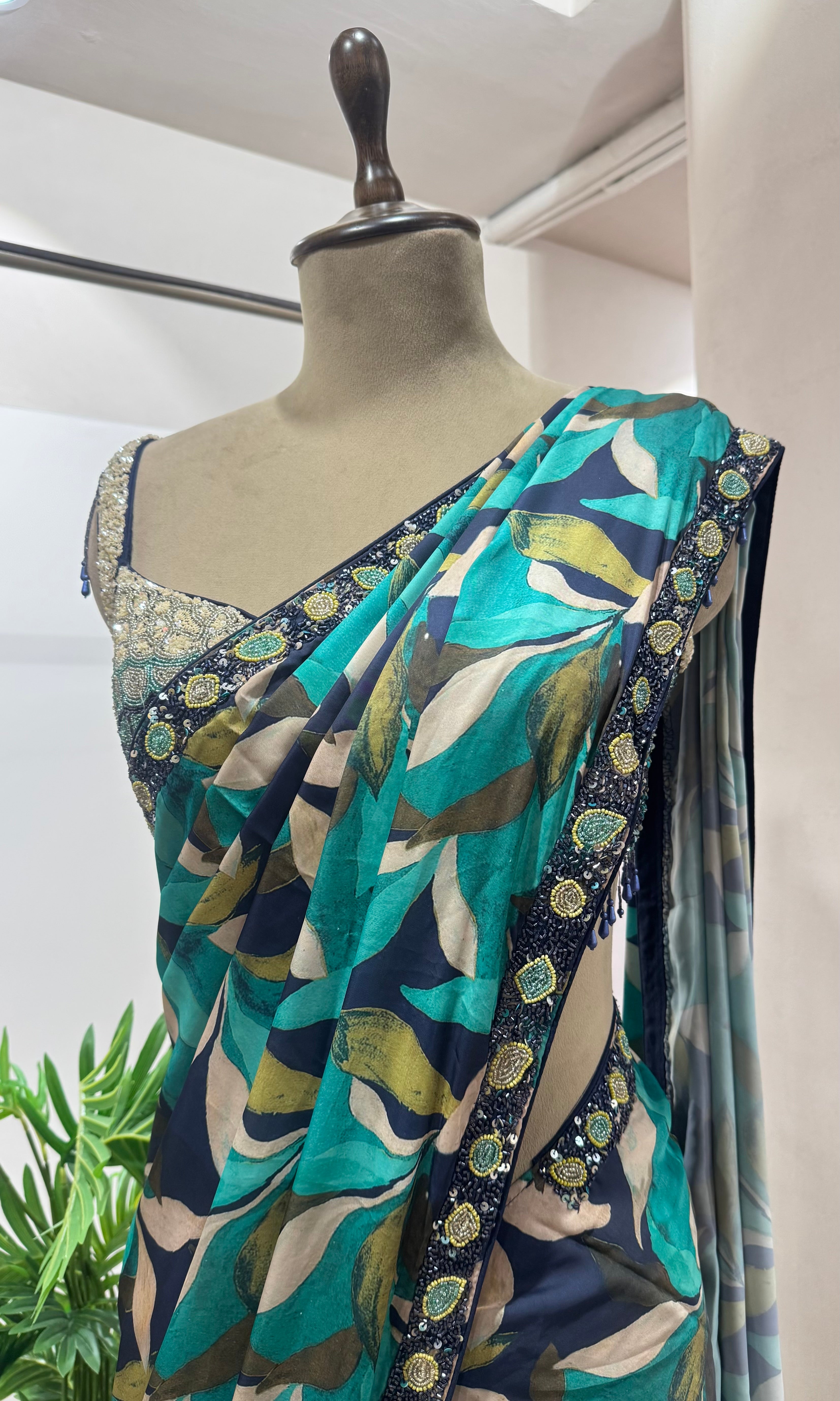 ABSTRACT DESIGN TEAL BLUE SAREE WITH BLOUSE