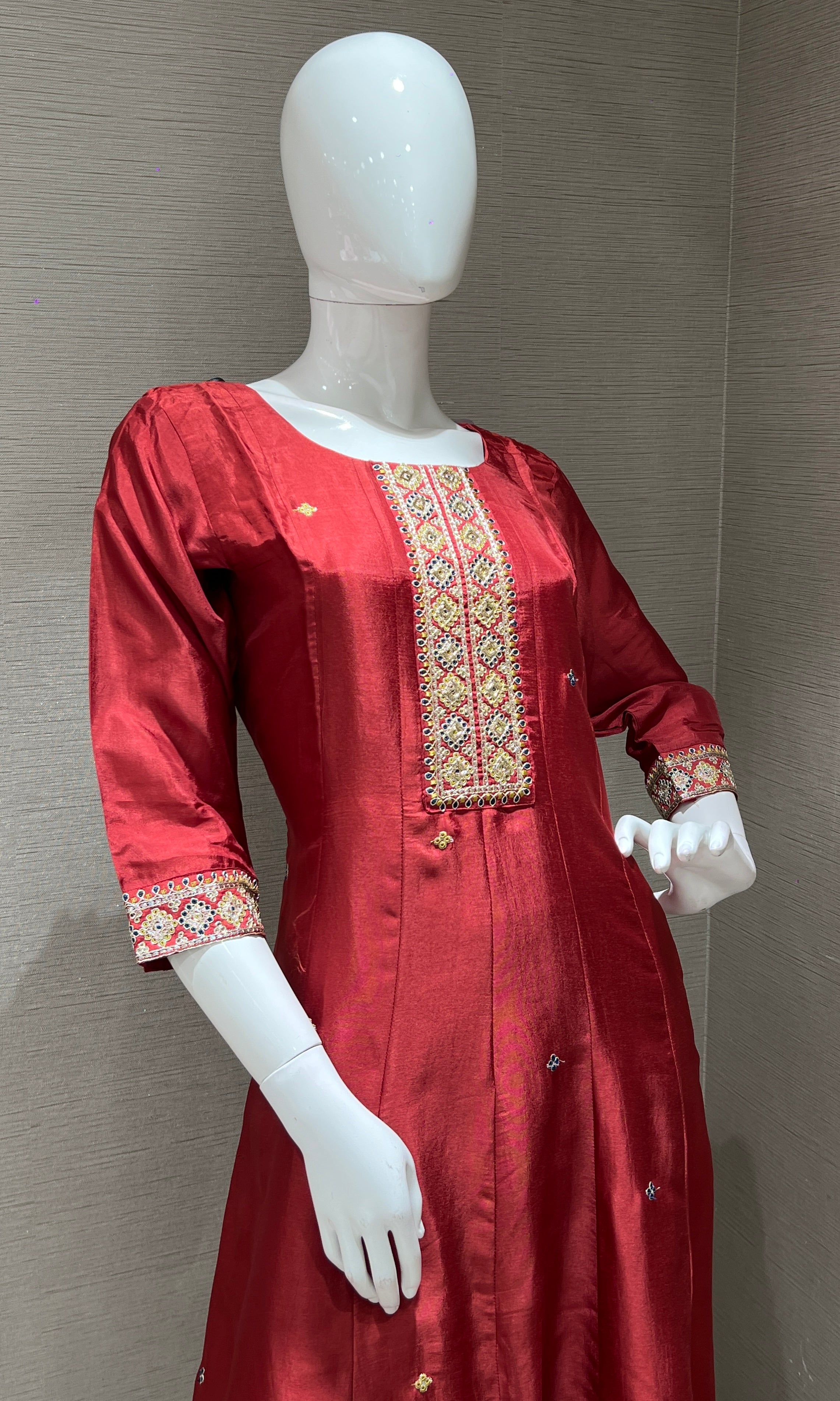 Brown Anarkali set with printed dupatta