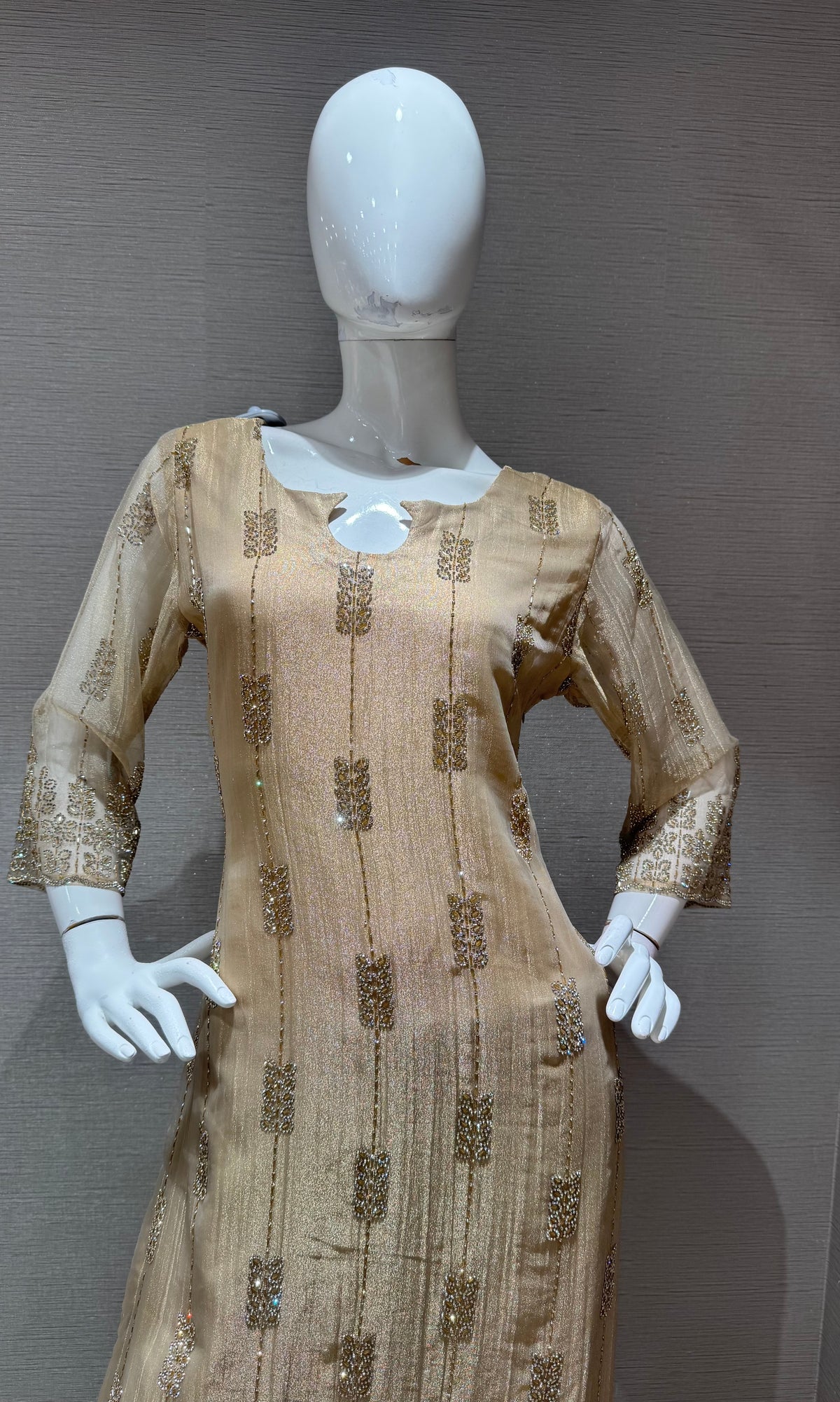 Beige Tissue silk embroidered kurta set with dupatta
