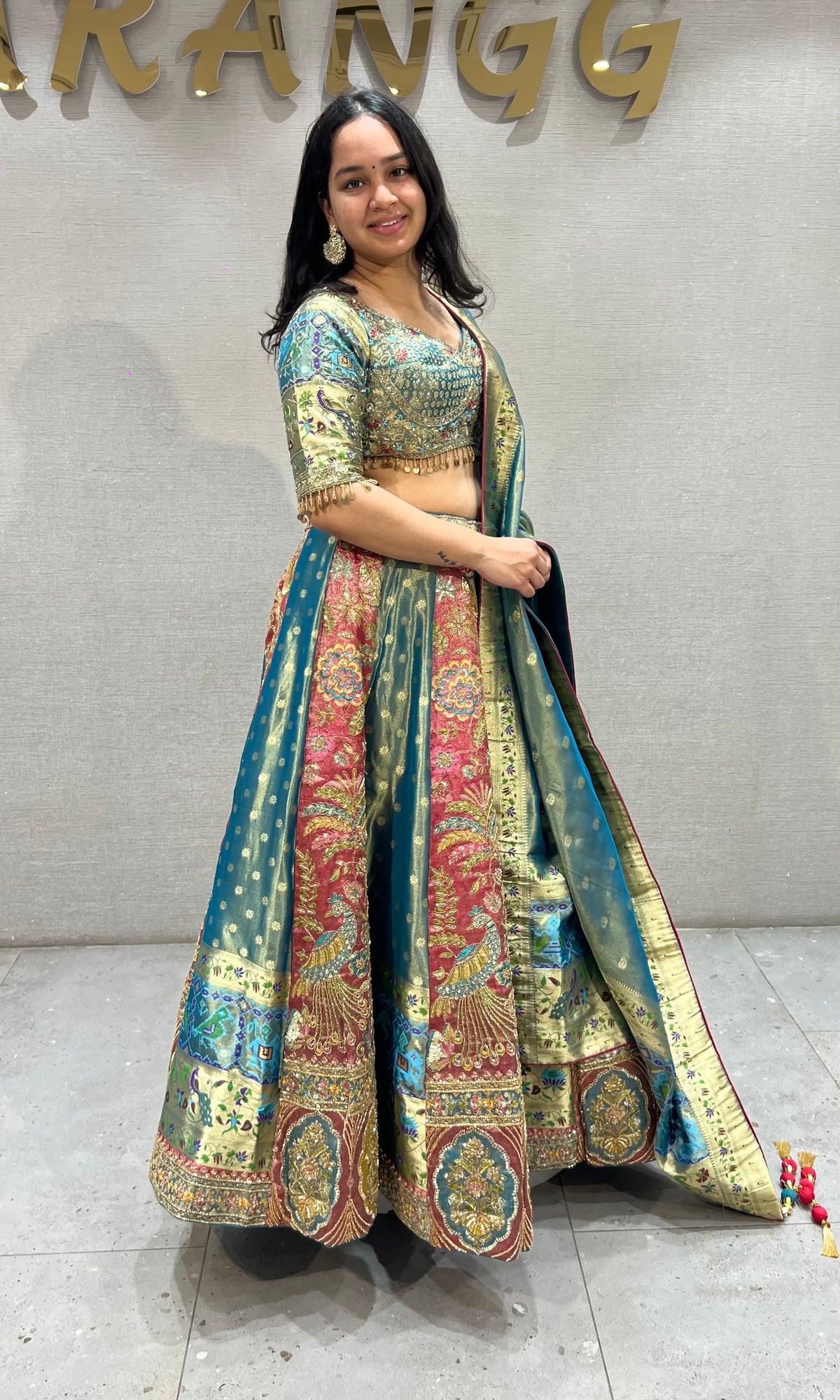 Rama and Golden banarasi Embroidered Silk Lehenga set