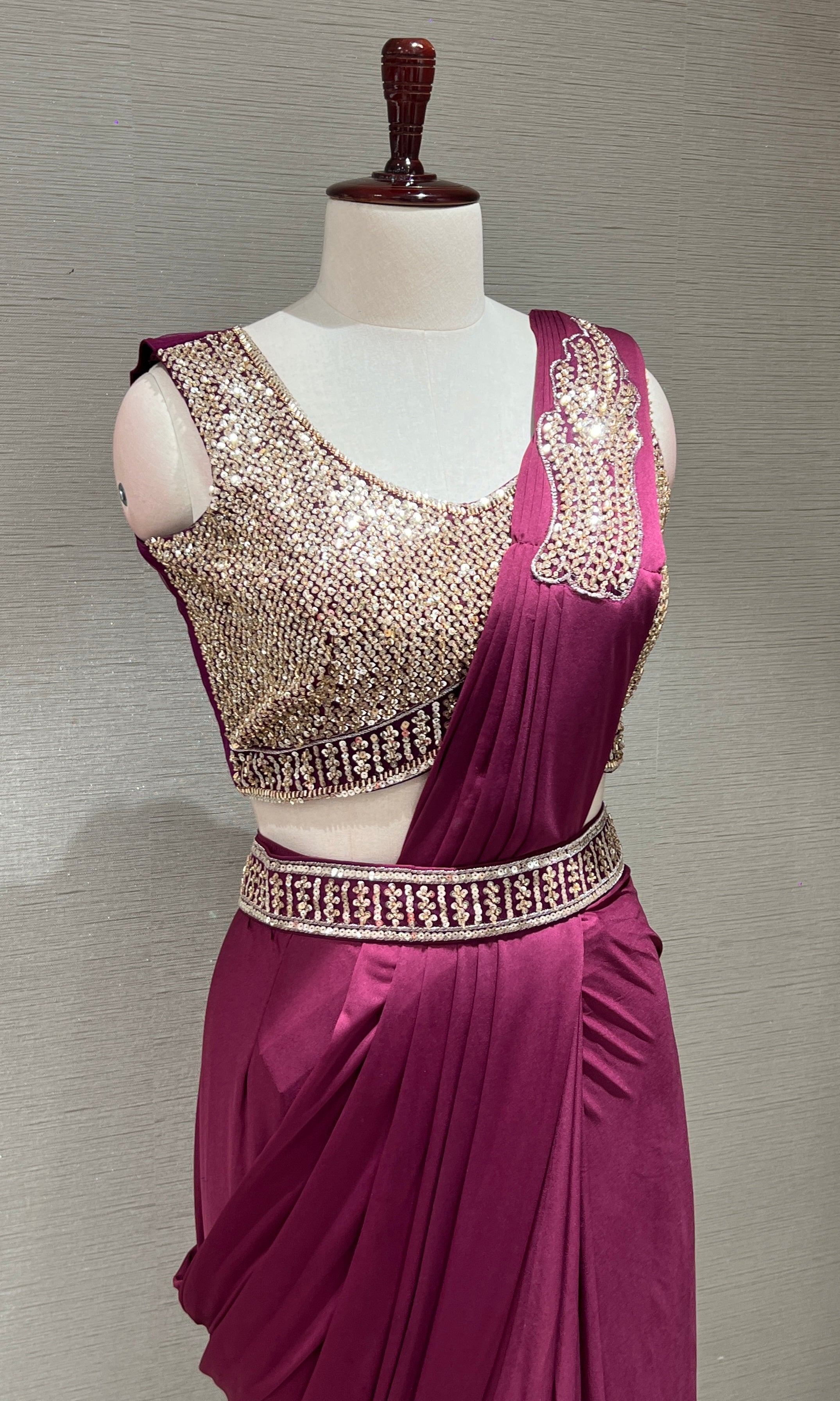 WINE drape saree with embroiderY blouse & belt