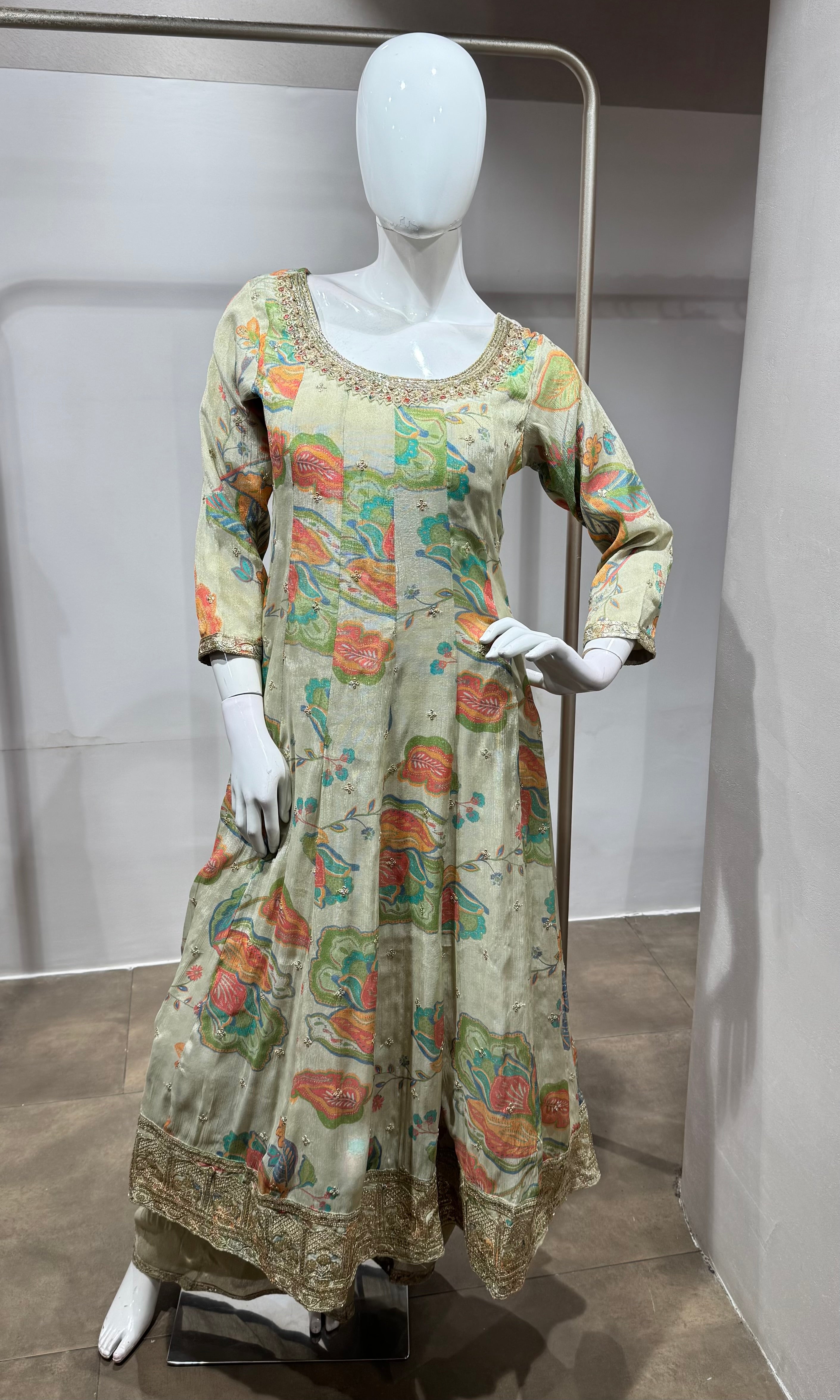 Multi Floral Anarkali Set with contrast dupatta