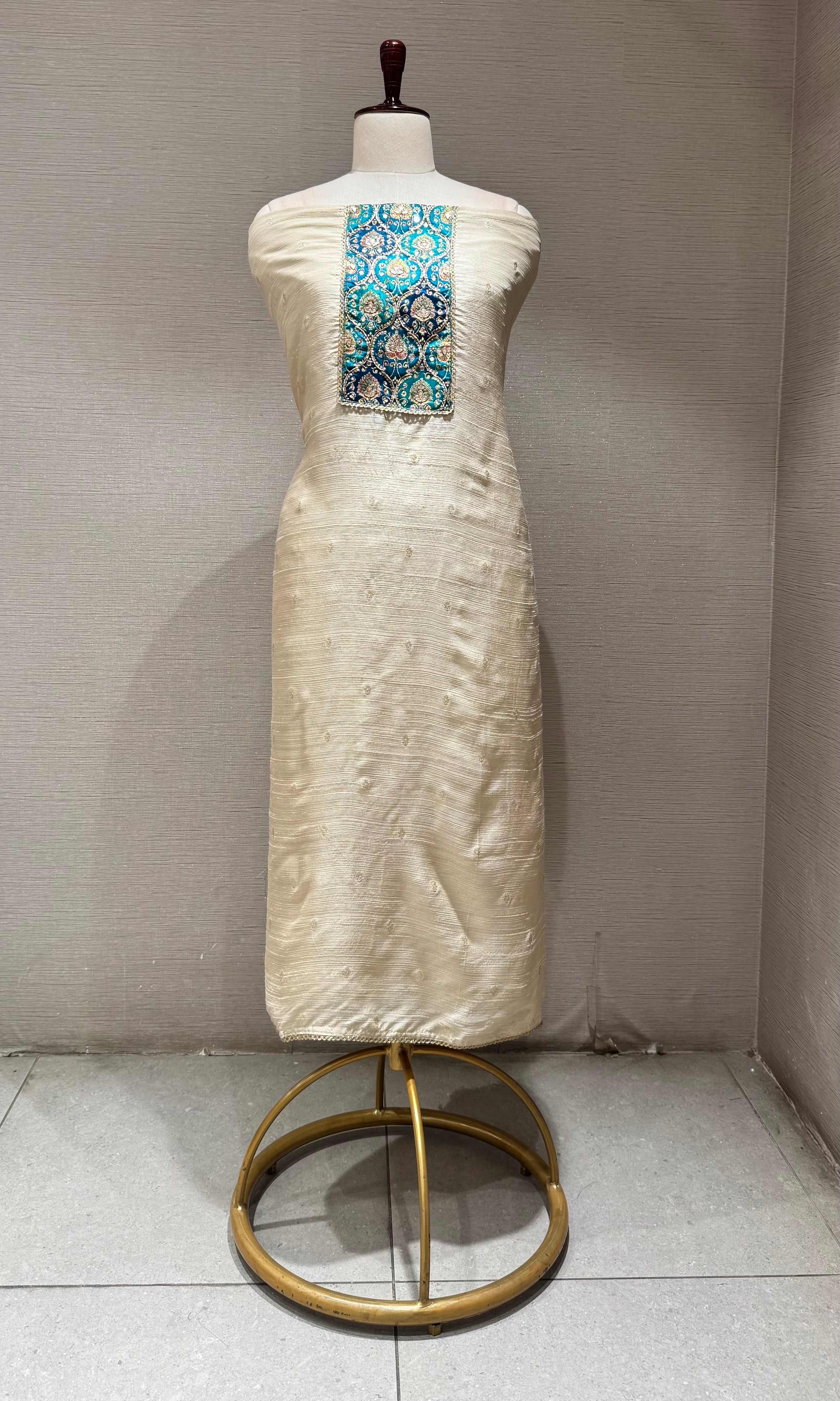 Teal Embroidered Ivory Dress Material