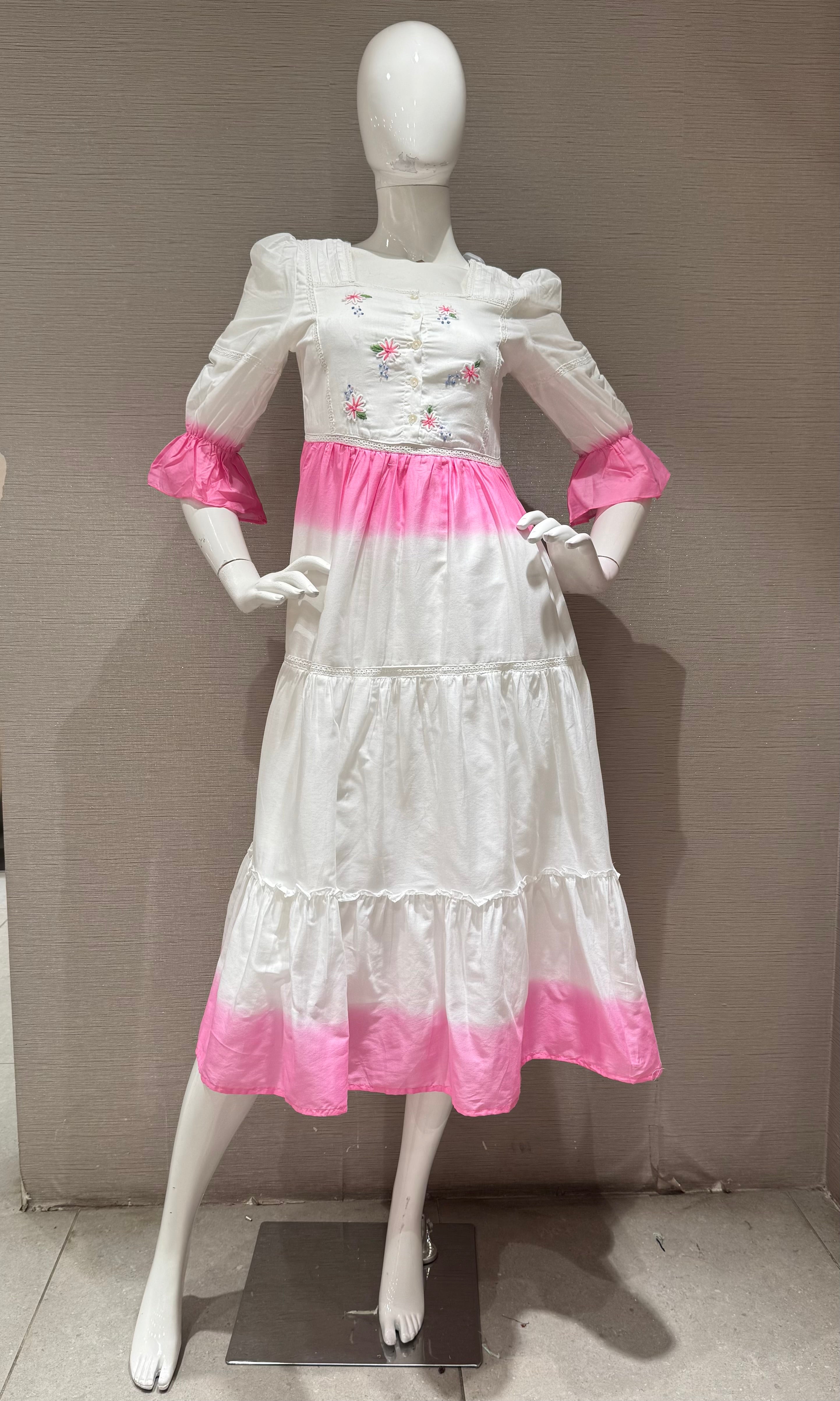 white and pink tie-dye cotton frock