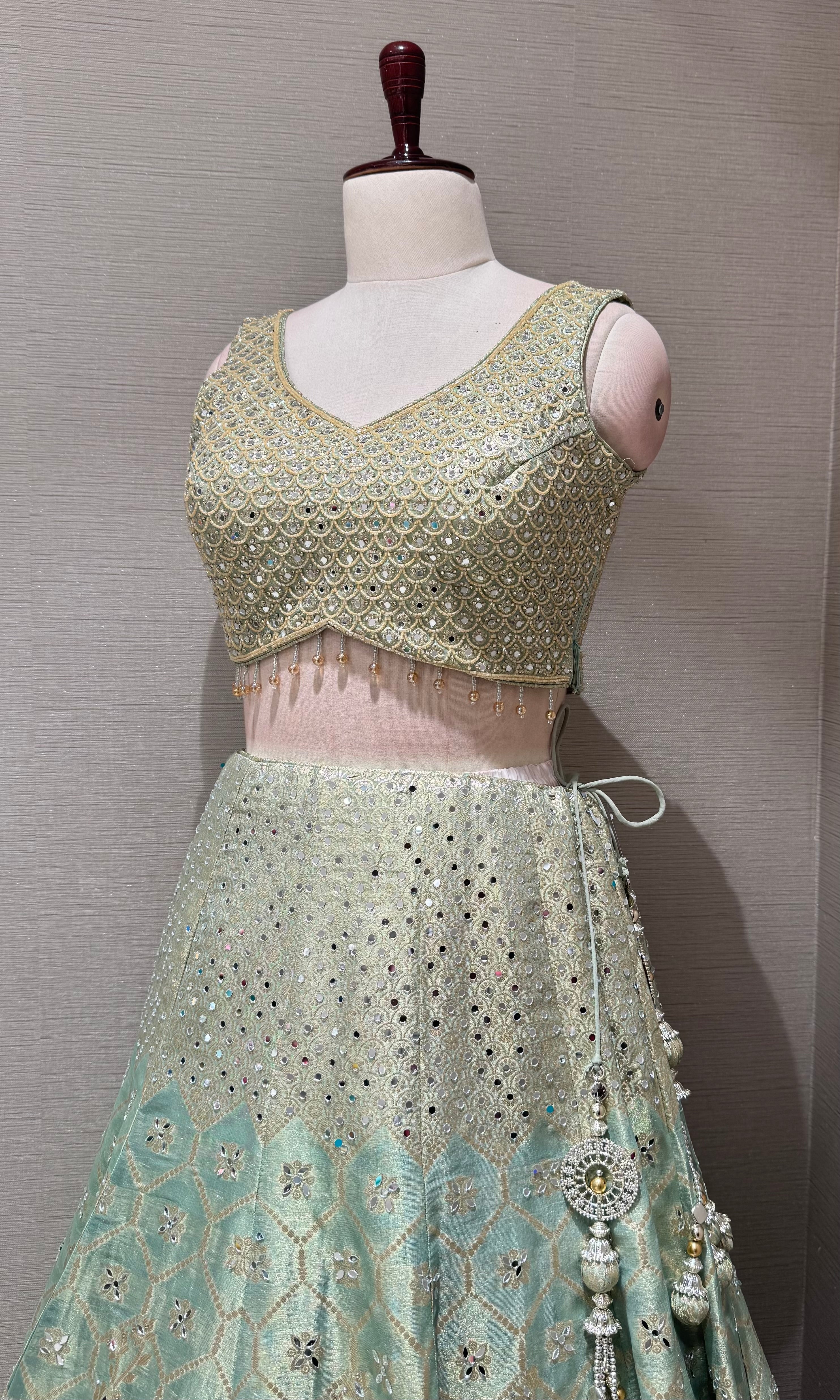 pista green Embroidered Lehenga Choli Set with Dupatta
