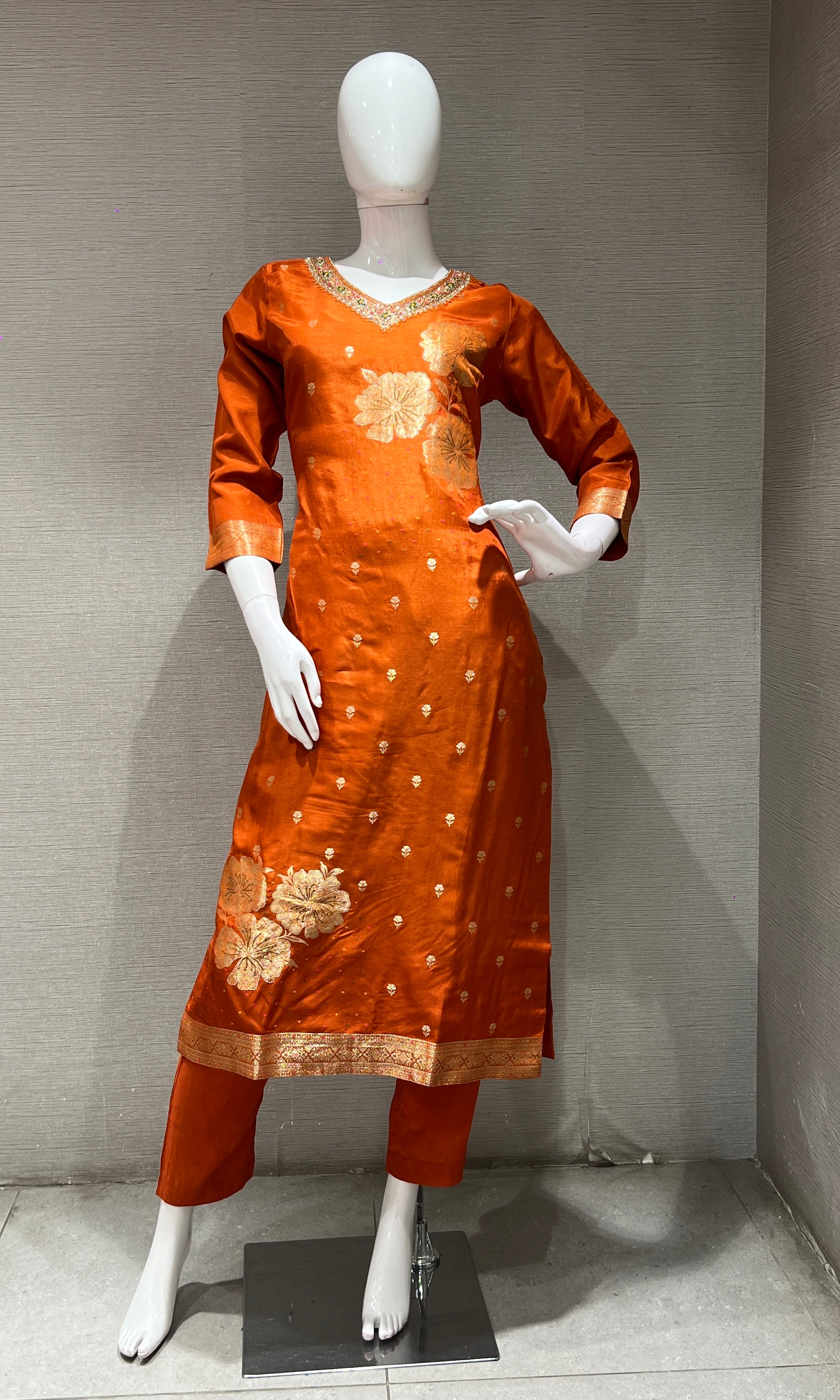 Orange golden floral Kurta Set