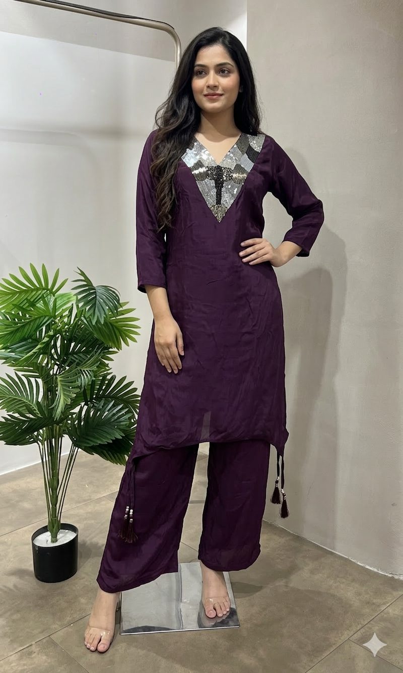 WINE ELEGANT V NECK CORD SET