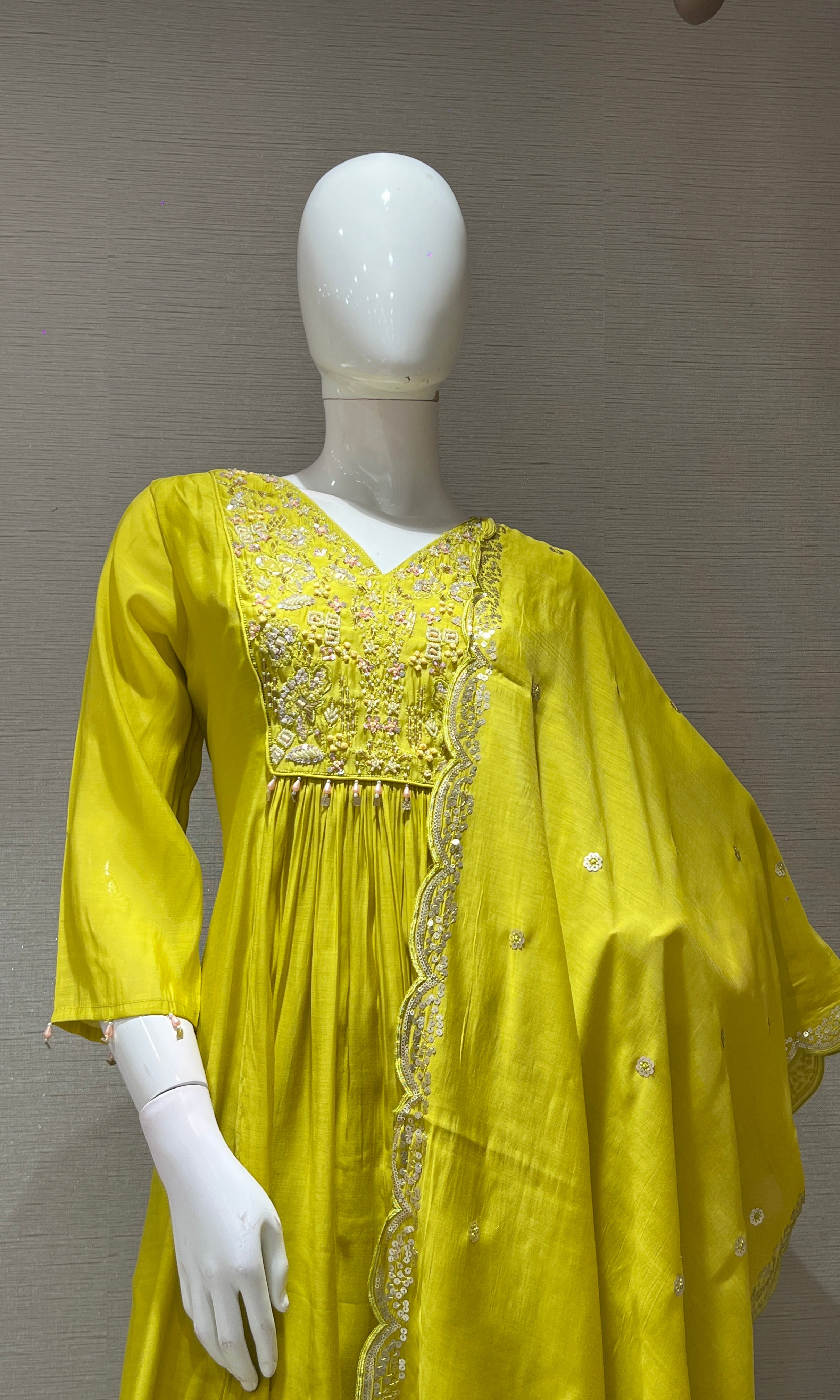 Light yellow EMBROIDERED MUL CHANDERI KURTA SET