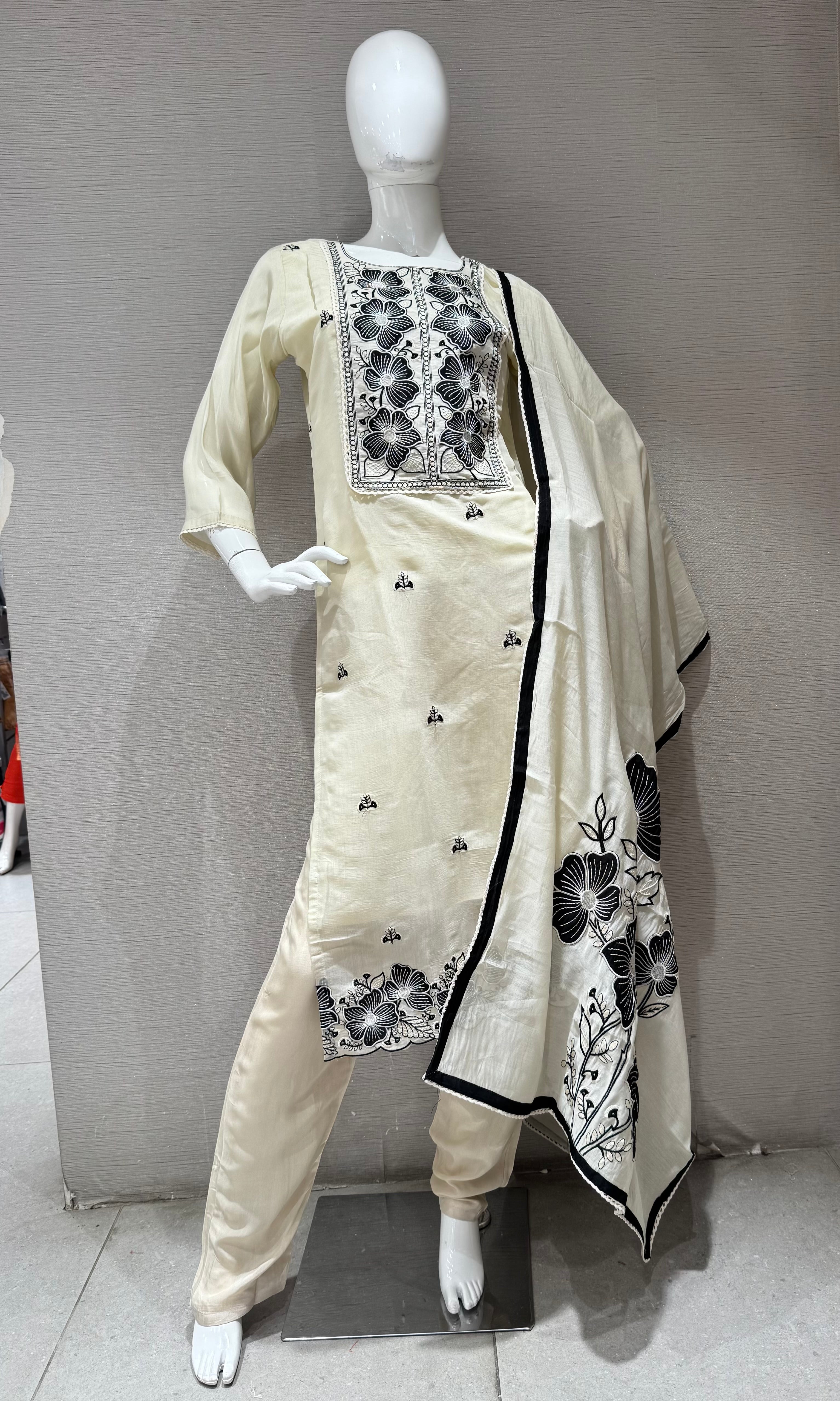 Cream & Black Embroidered Kurta set