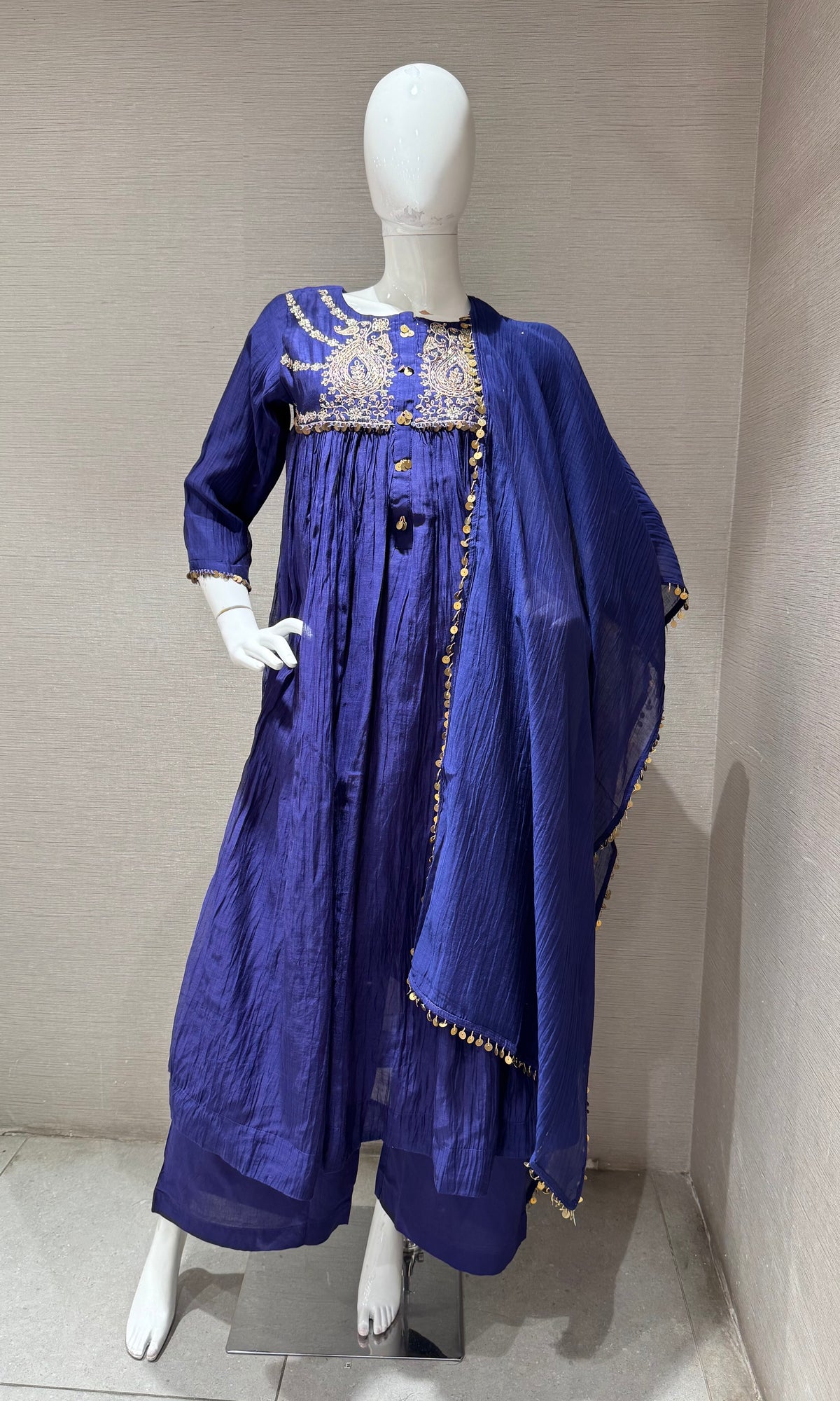 BLUE COTTON ETHNIC A LINE KURTA SET WITH DUPATTA