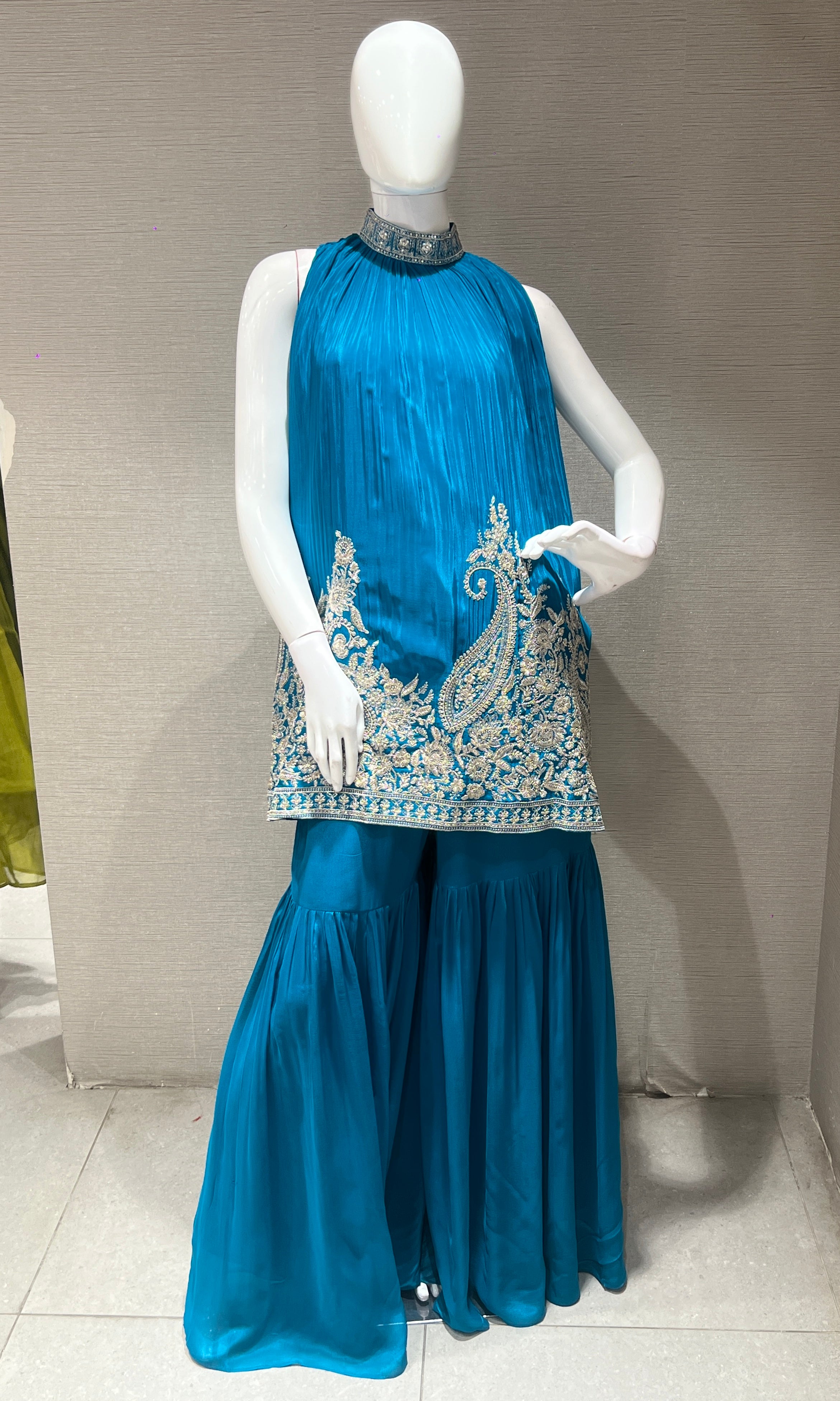 Rama blue SHARARA WITH HALTER NECK TOP