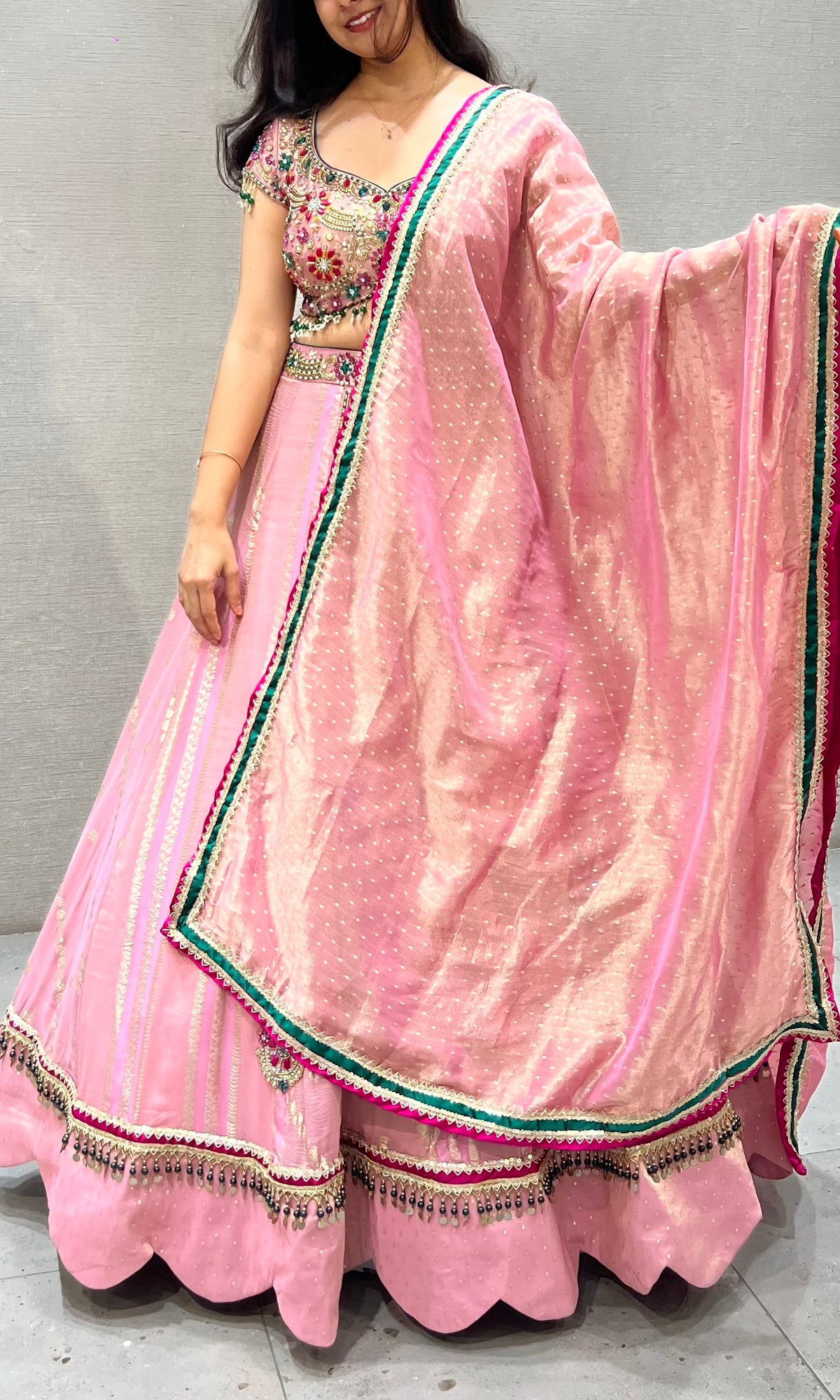 Pastel Pink Flared Lehenga Set with Heavily Embellished Blouse & dupatta