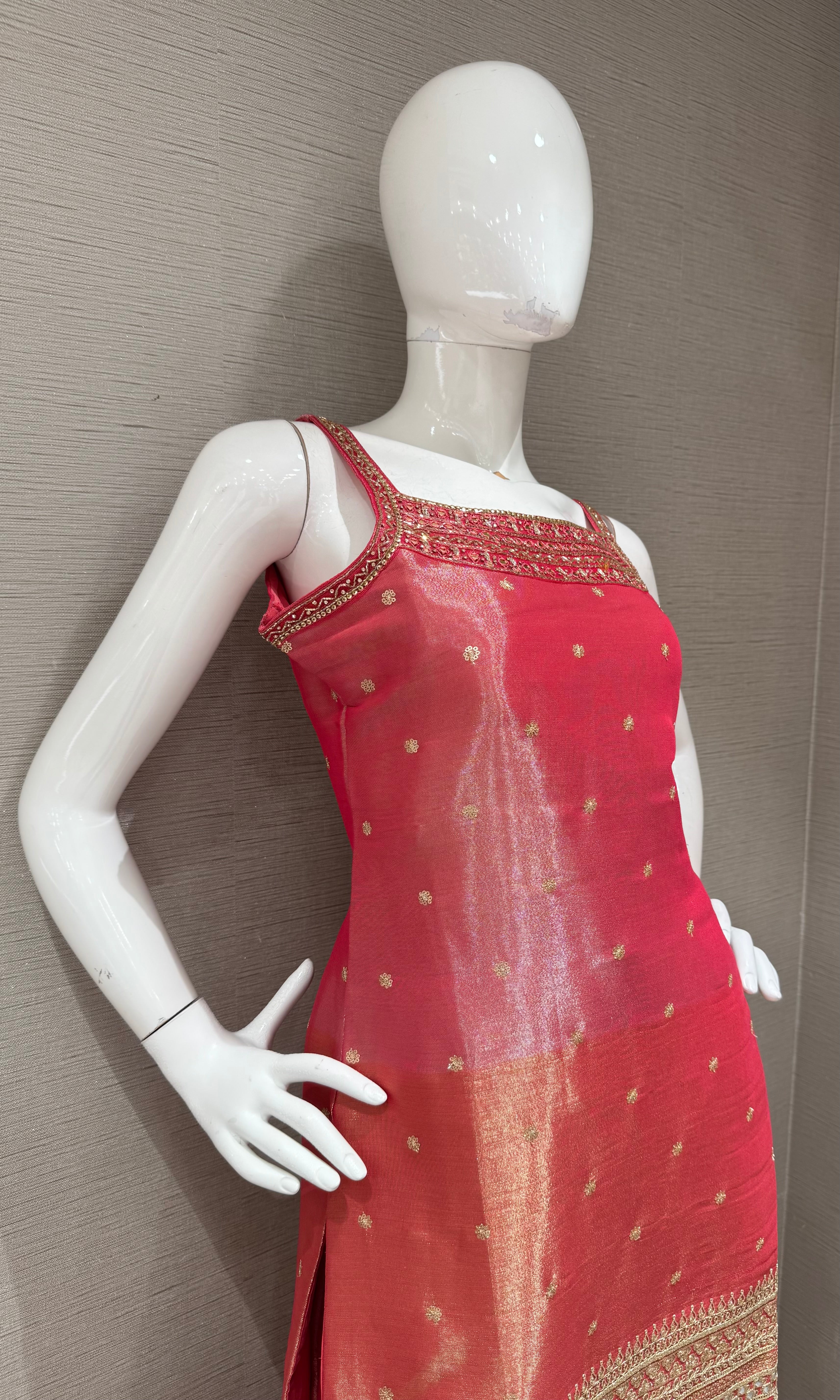 Pink and Gold Zari Sharara set with Sheer Dupatta