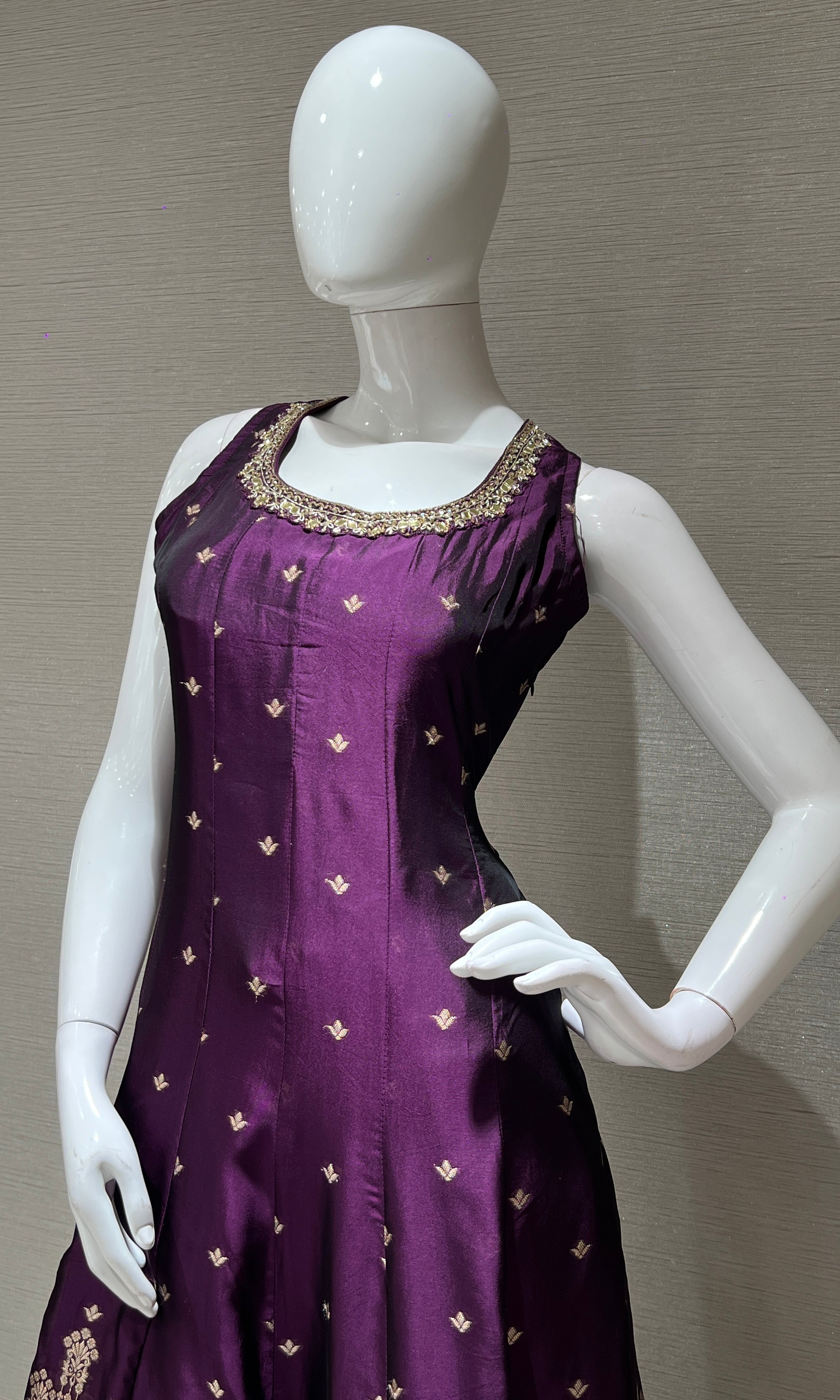 purple Anarkali with gold embroidery