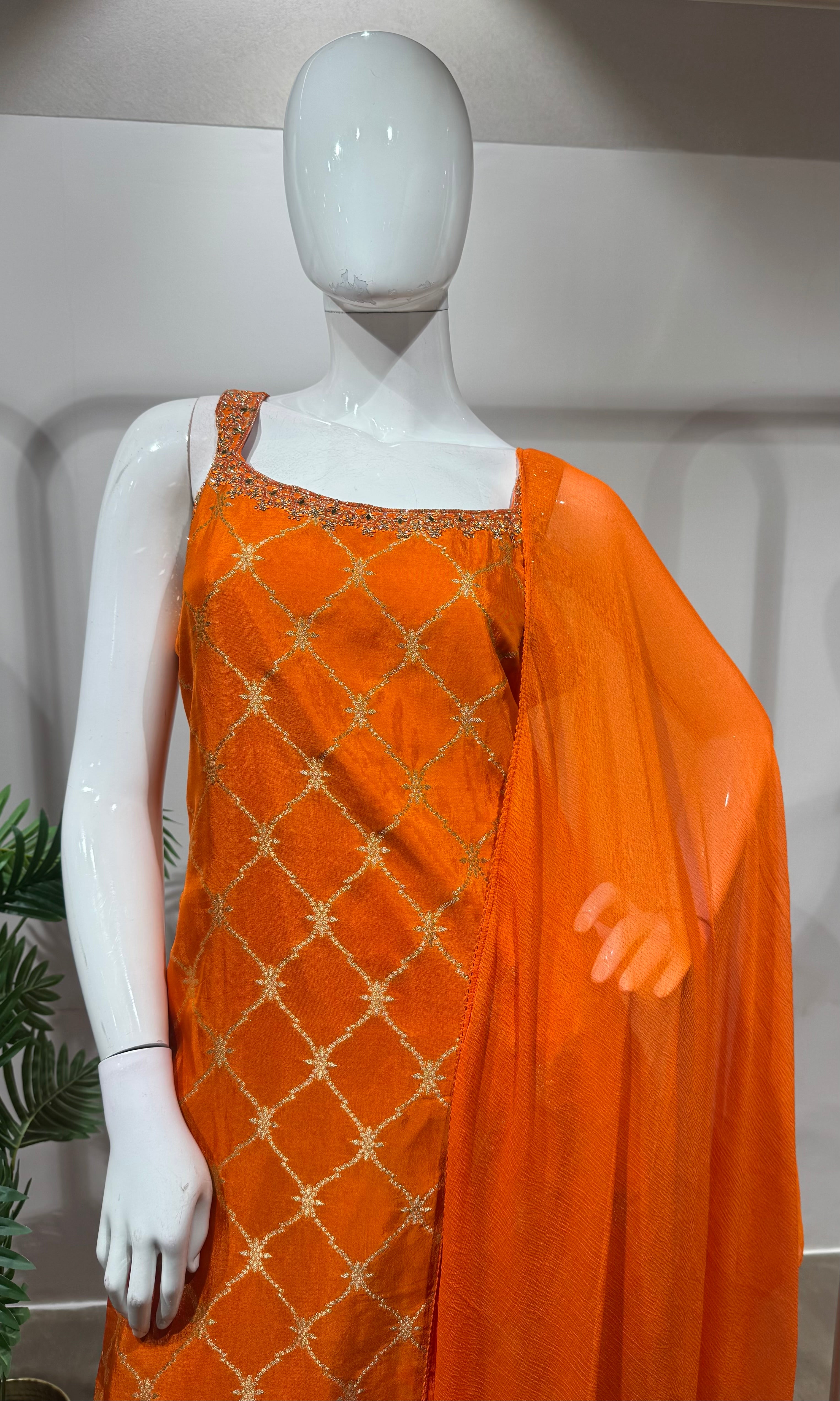 Orange silk straight kurta set