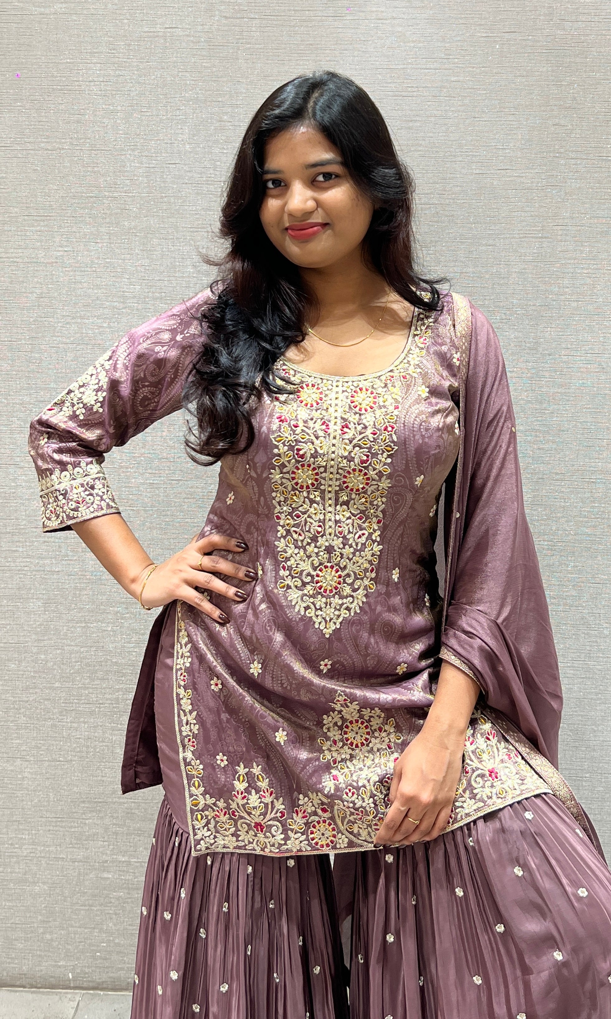 Purple Sharara Set with Golden Embroidery