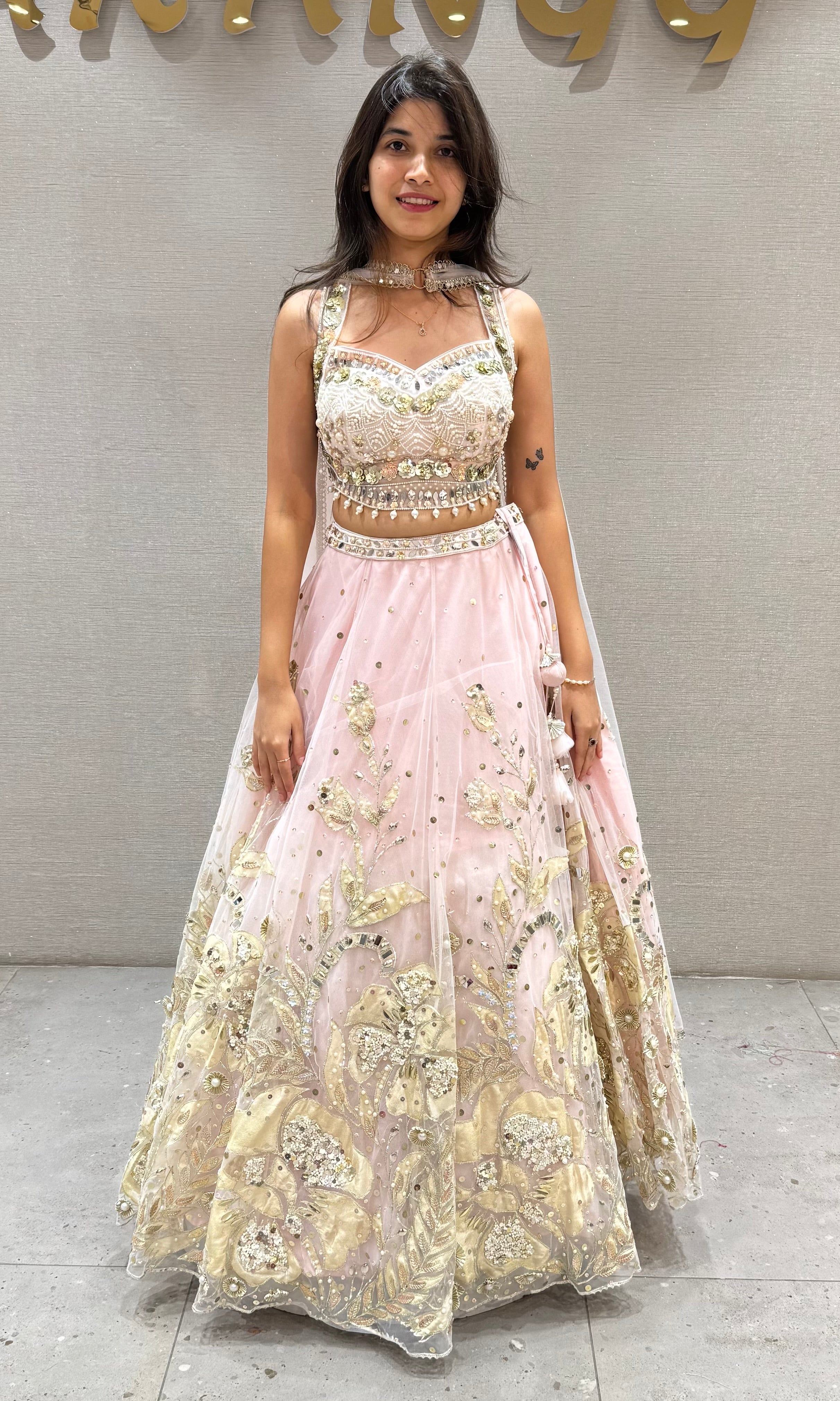 Pastel Pink Net Embroidered Bridal Lehenga