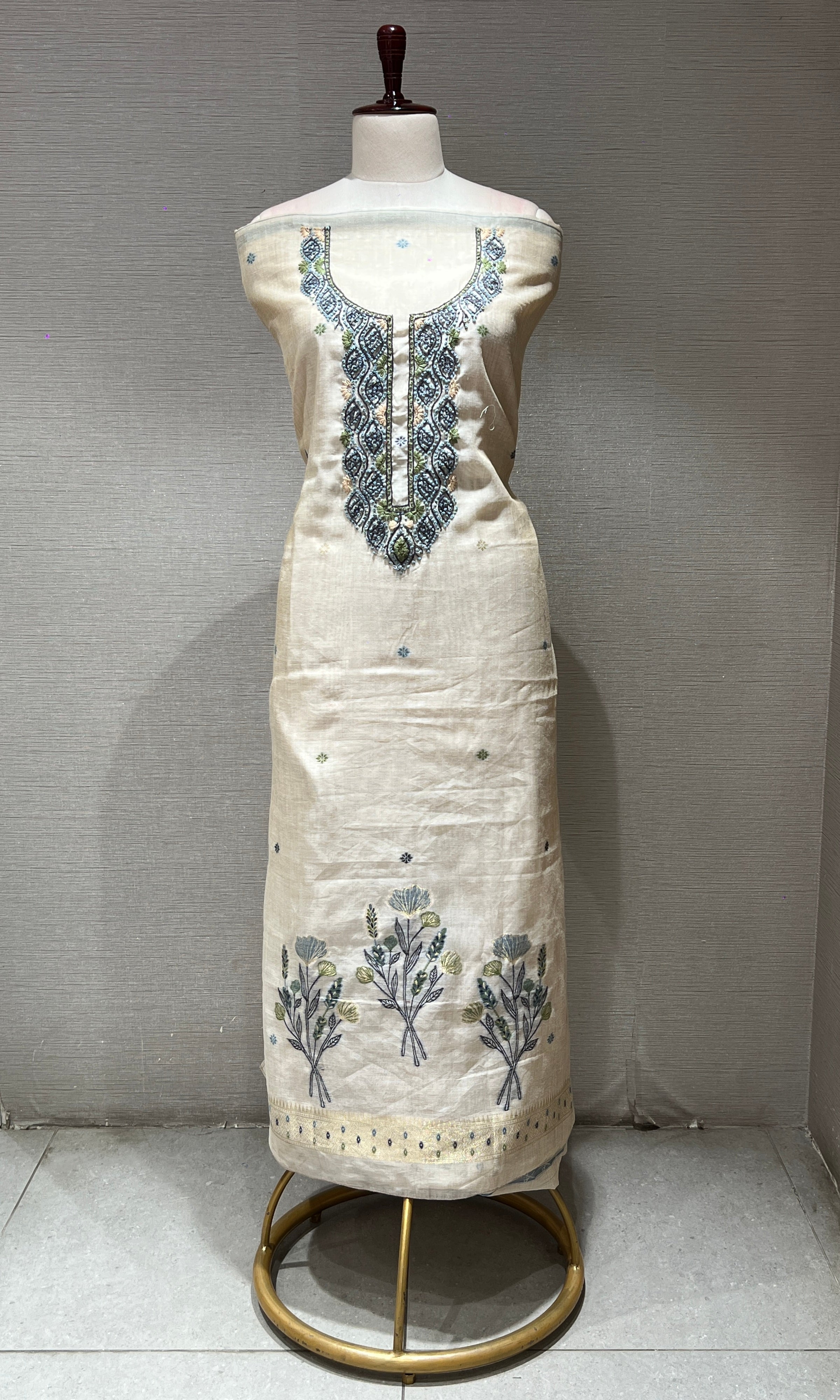 CREAM Blue EMBROIDERED dress material