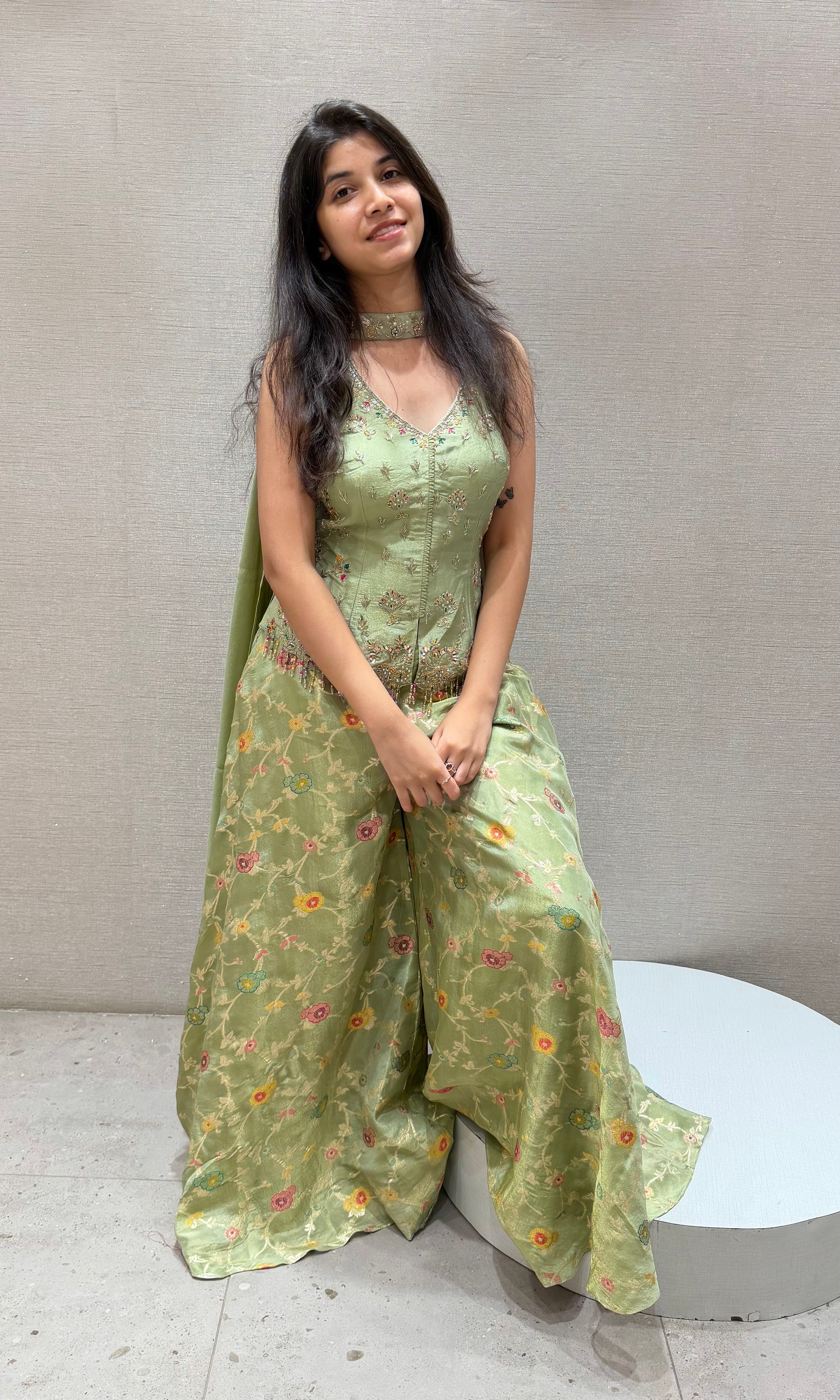 Pista green FLORAL EMBROIDERED PALAZZO SET