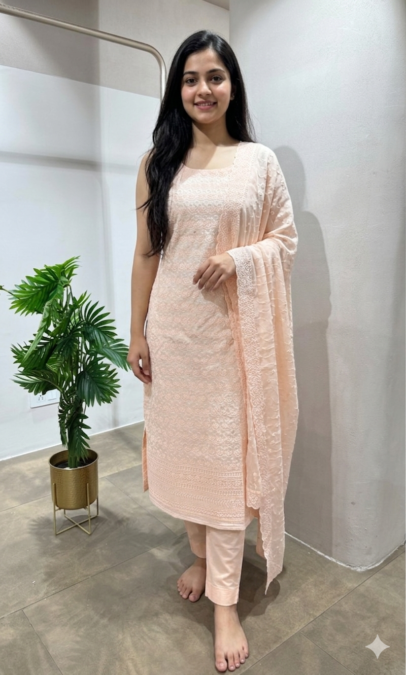 PEACH CHIKANKARI DRESS MATERIAL