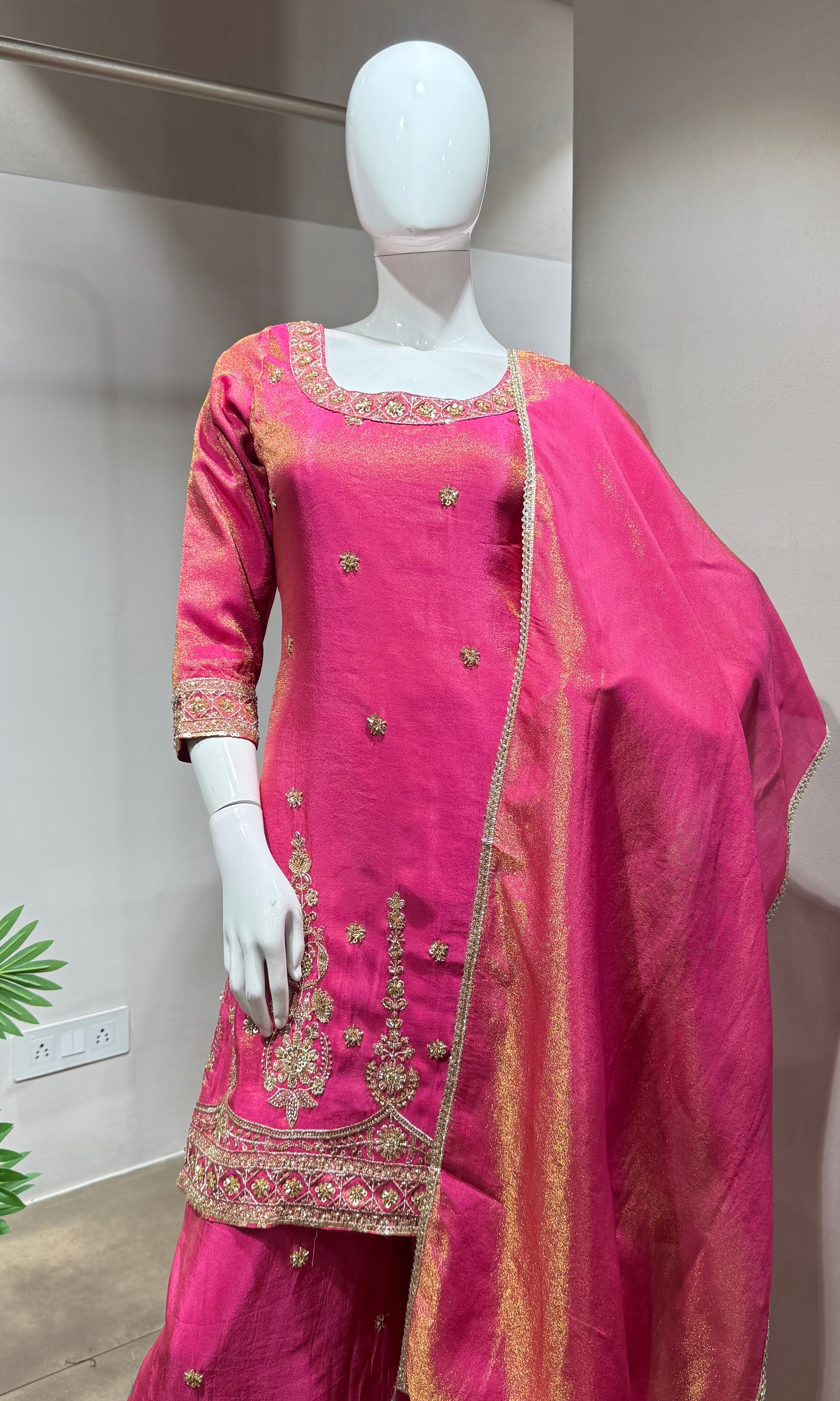 Pink gold zari work sharara set