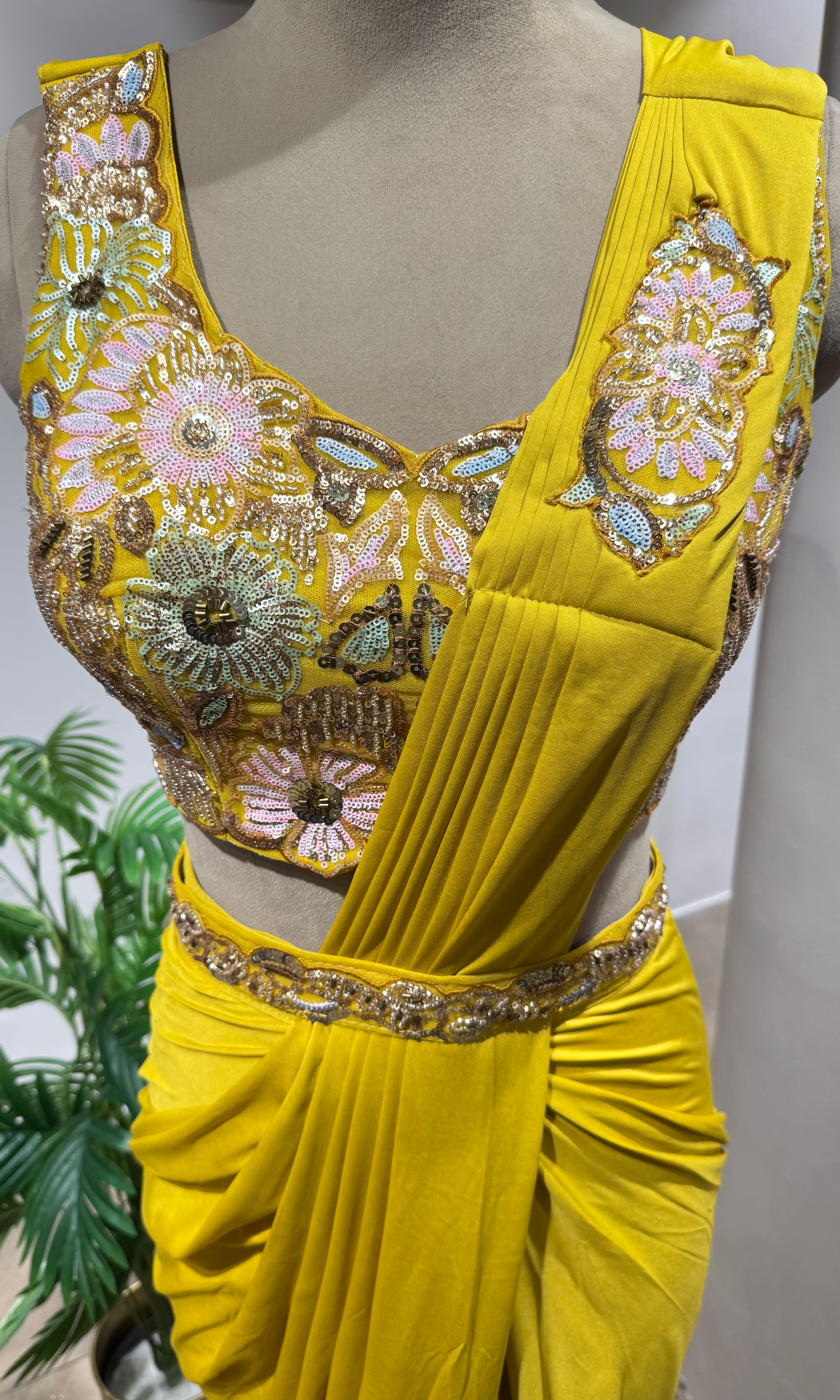 SUNSHINE YELLOW DRAPE SAREE WITH FLORAL BLOUSE