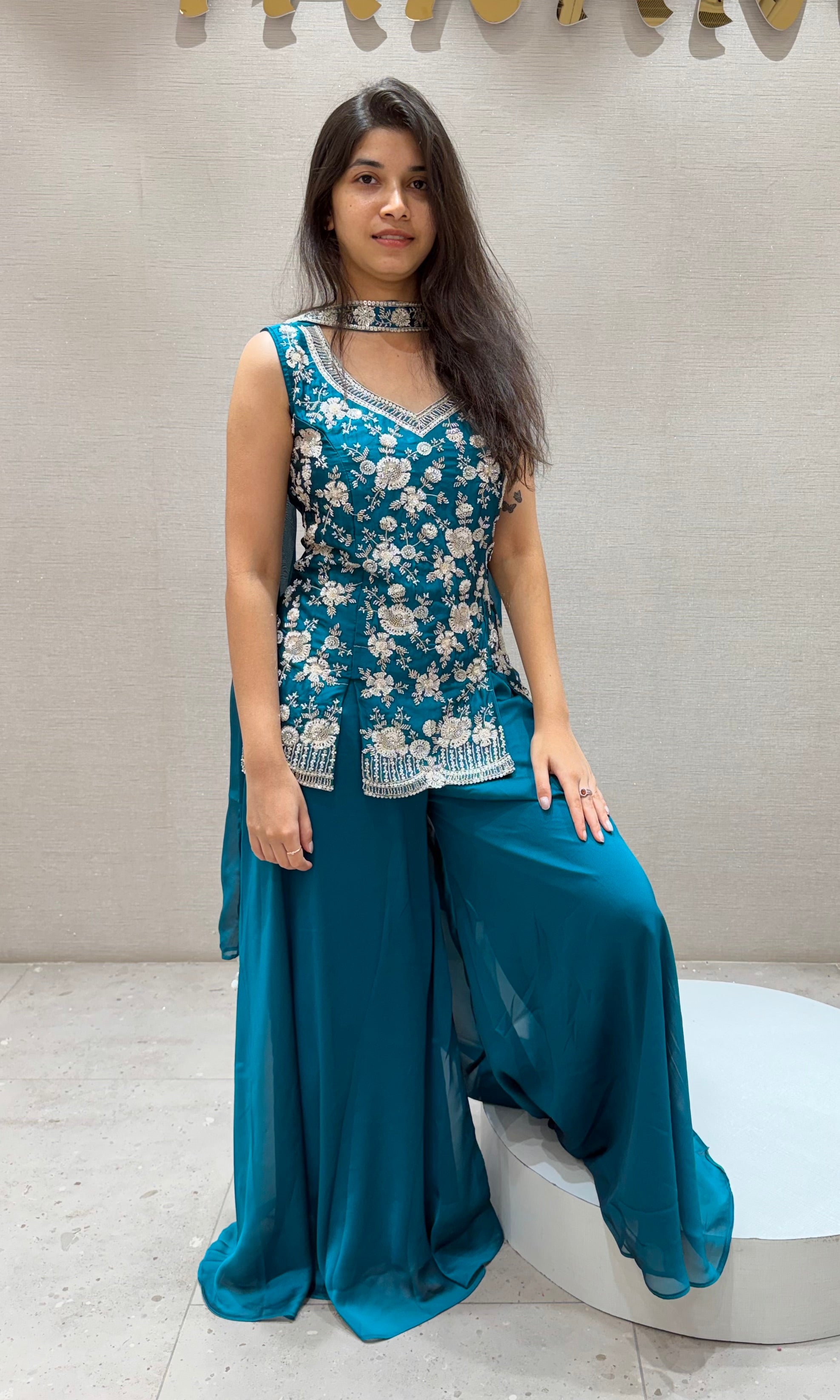 Rama blue embroidered sharara set