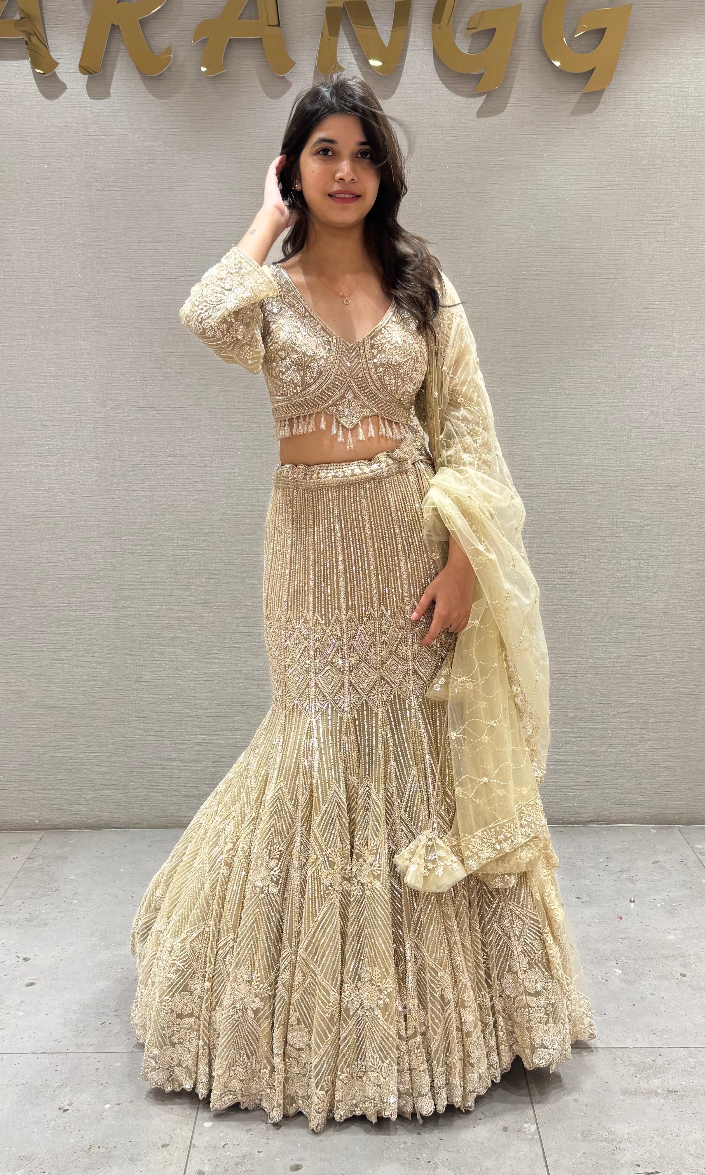 Fawn Net Embroidered Lehenga Choli