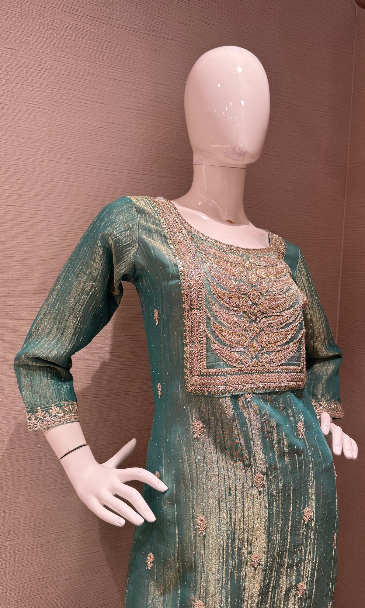 Green Shimmer Kurta Set with Gold Embroidery and Dupatta