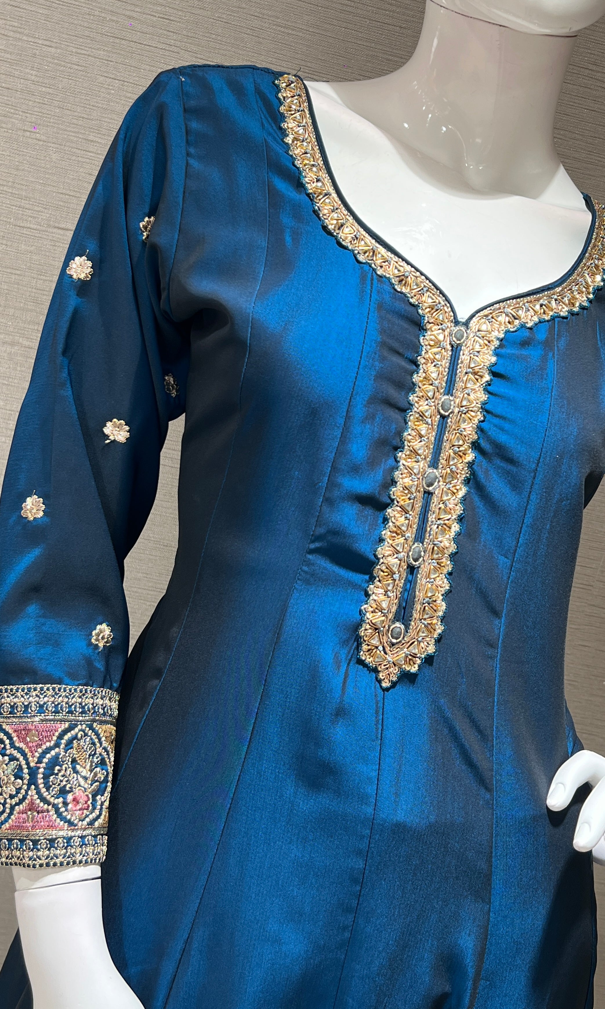 Rama blue gold embroidery Anarkali set
