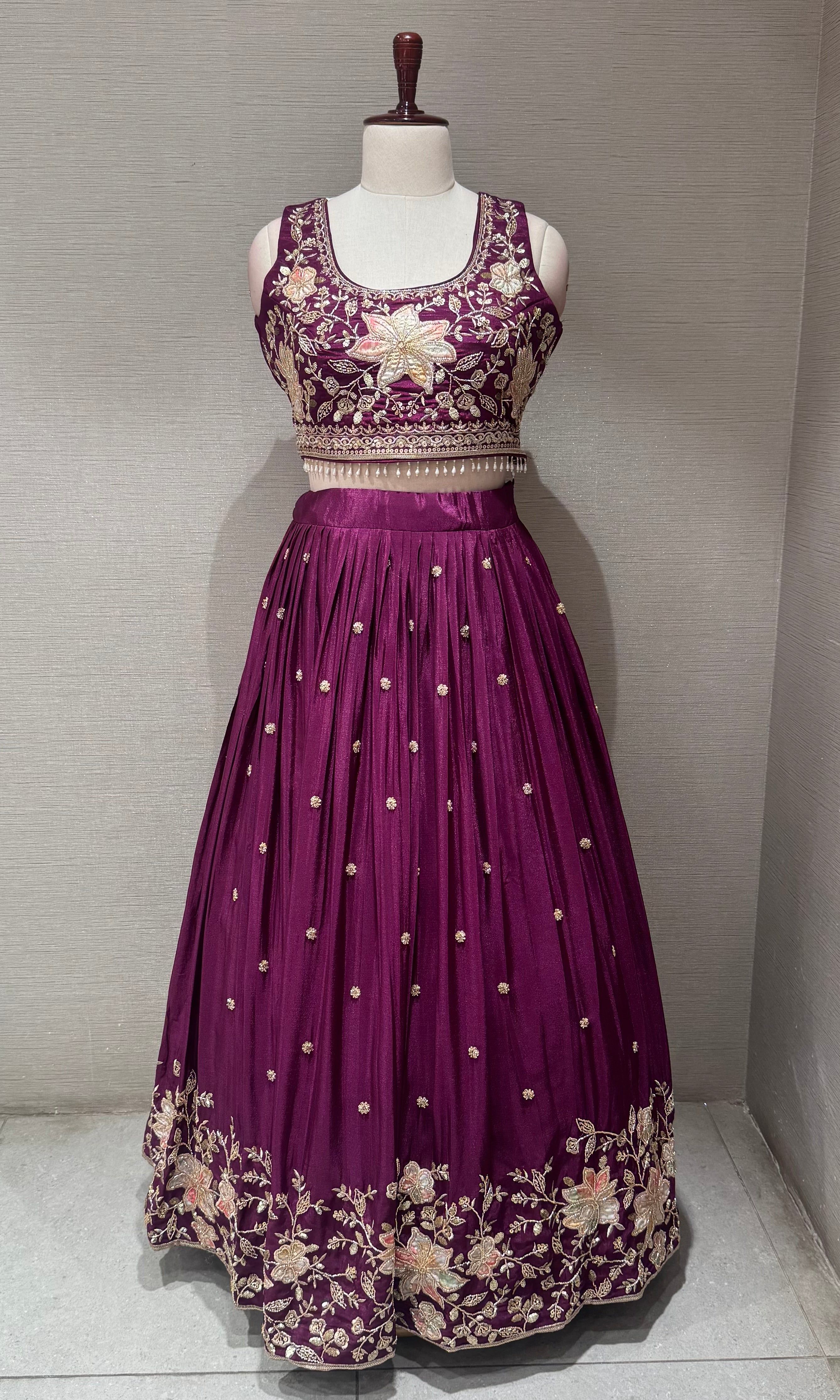 Wine Tissue silk Floral embroidered lehenga set