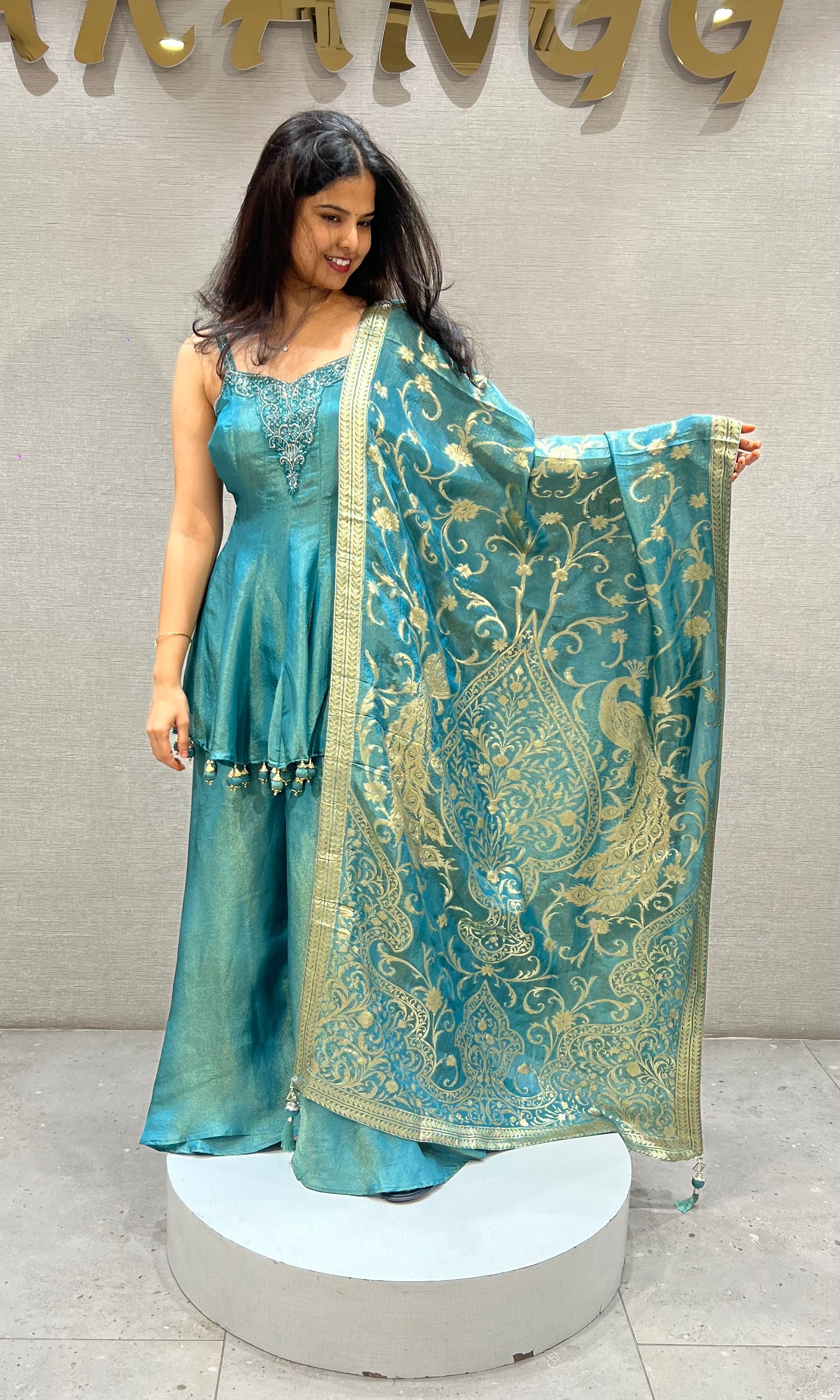 Blue ethnic Silk Blend Shimmer Peplum Palazzo set
