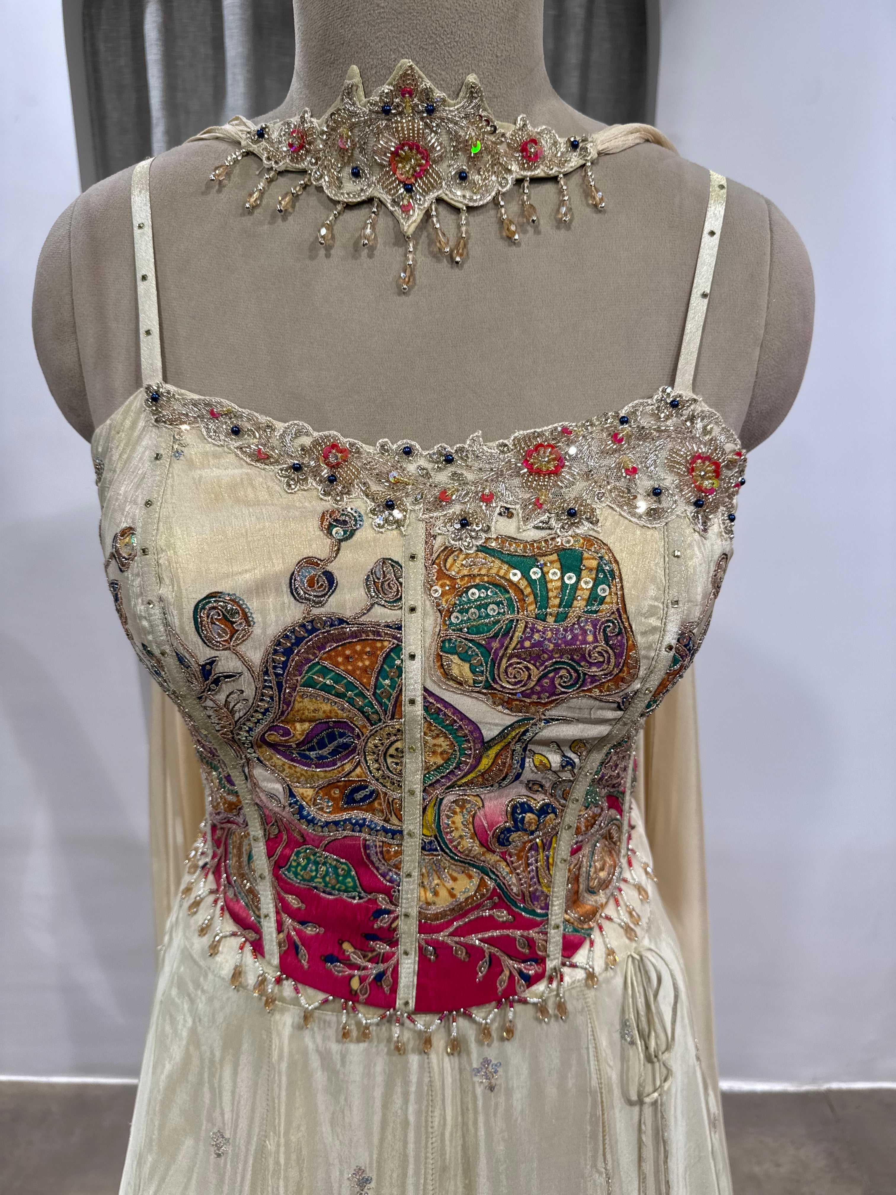 White and Pink corset Floral Multicolored Lehenga