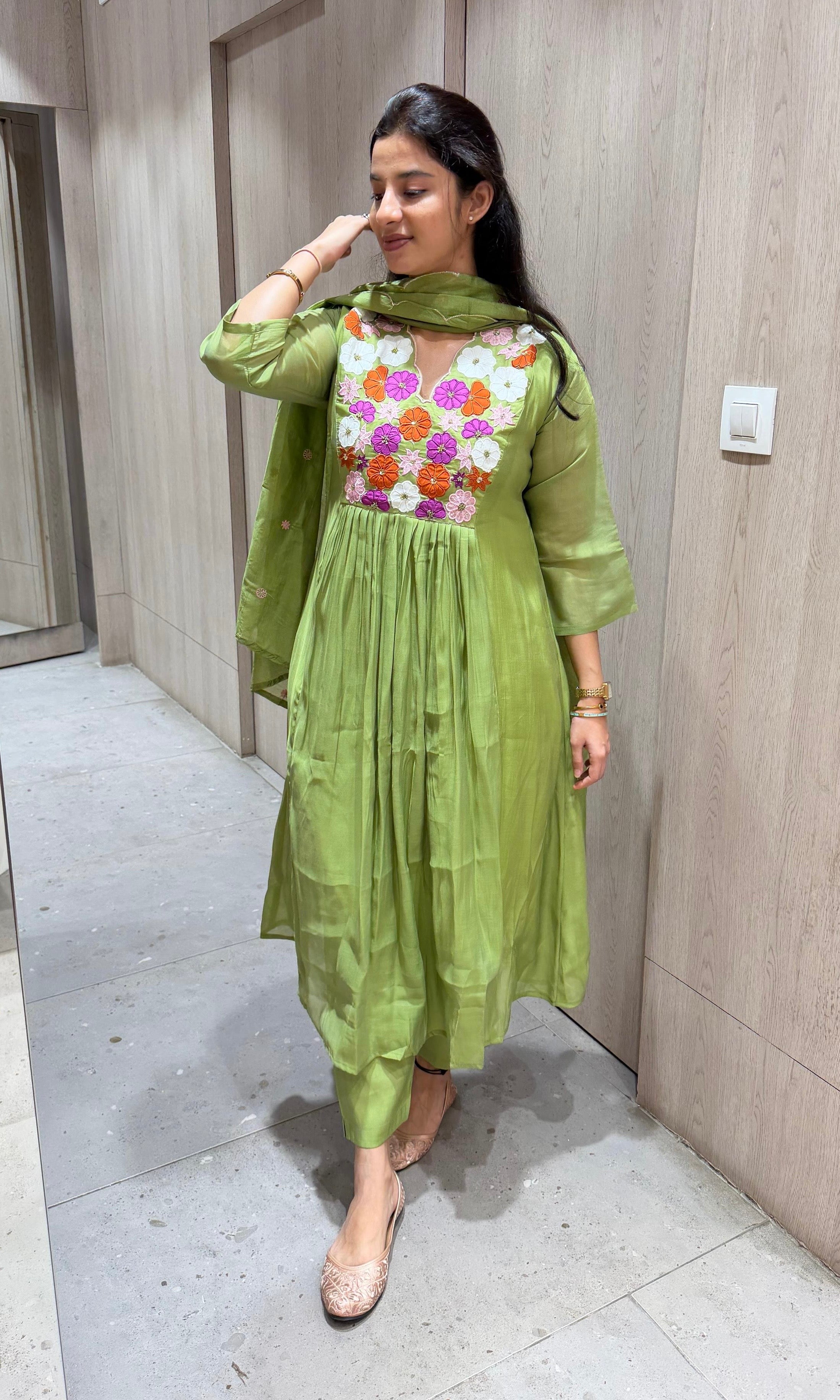 Green Floral MUL CHANDERI KURTA SET