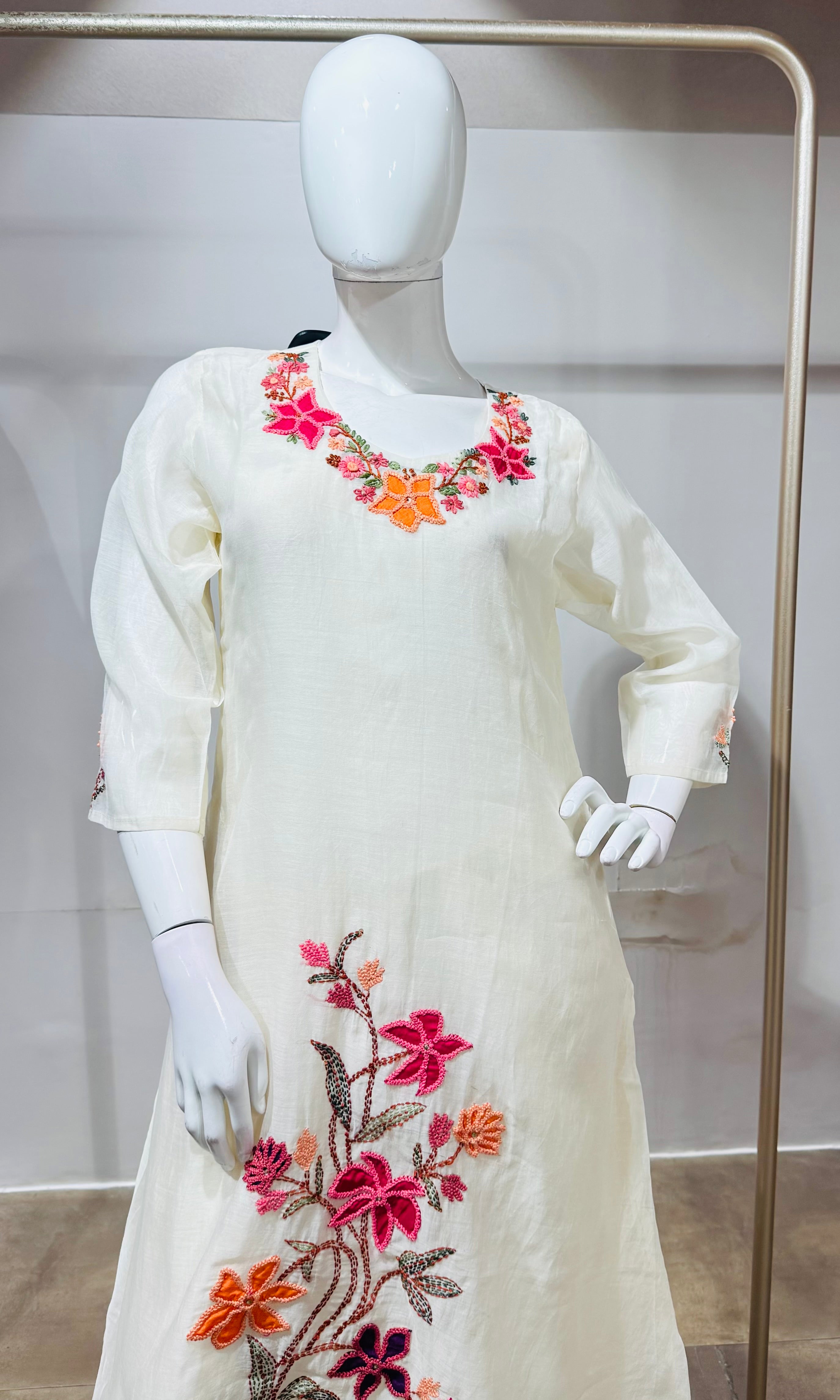White Cotton Kurta Set with Botanical Embroidery