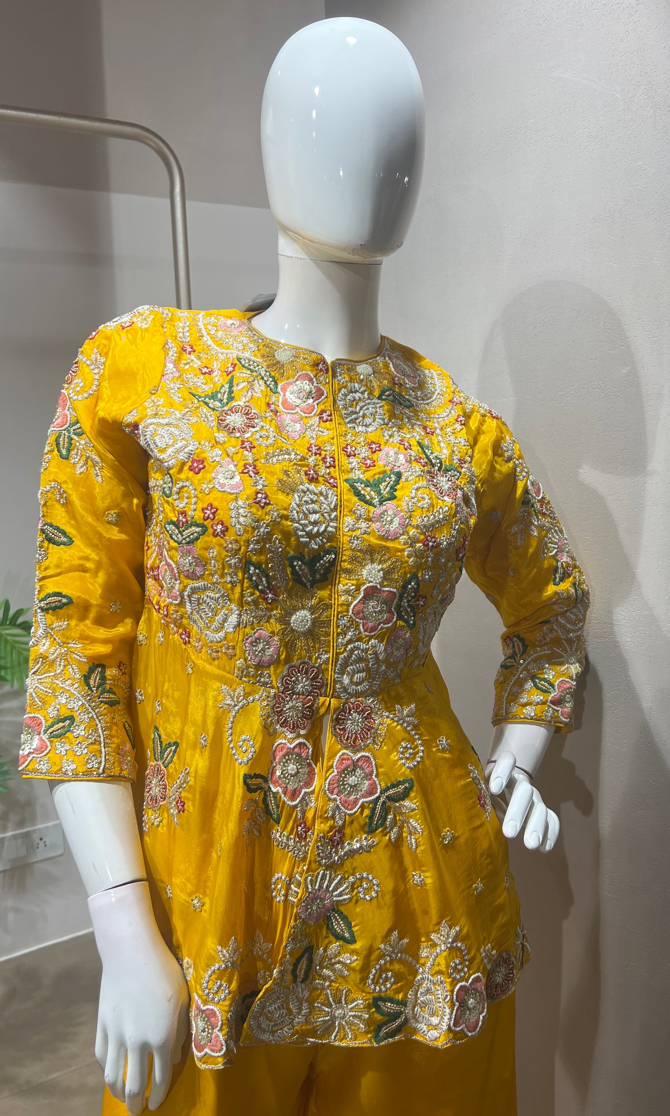 Yellow Palazzo Set with Floral Embroidery