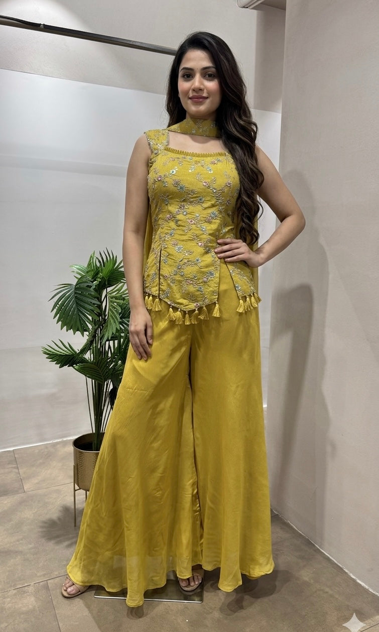 Mustard embroidered peplum palazzo set