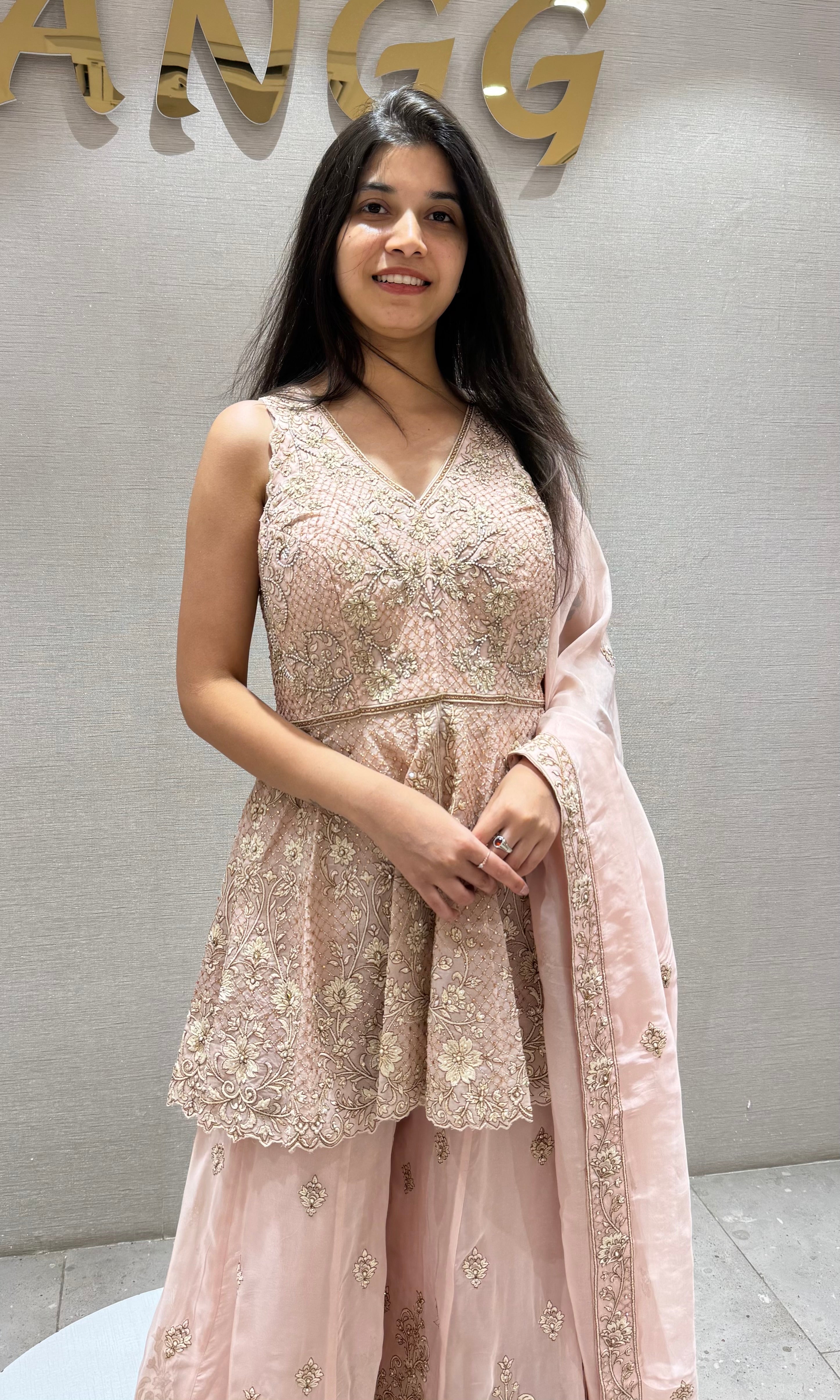 PEACH Embroidered Peplum PALAZZO Set