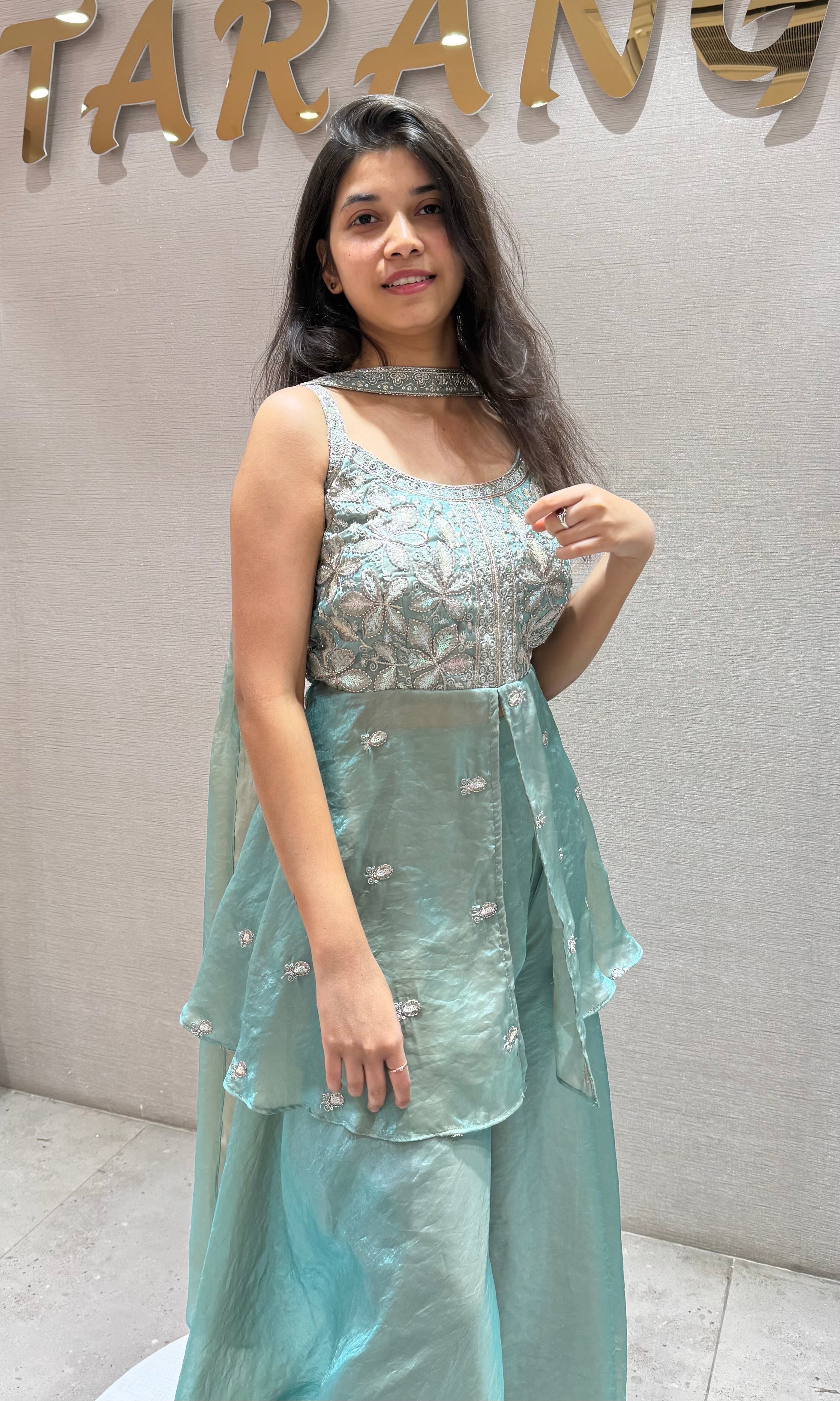 Sea blue embroidered peplum palazzo set