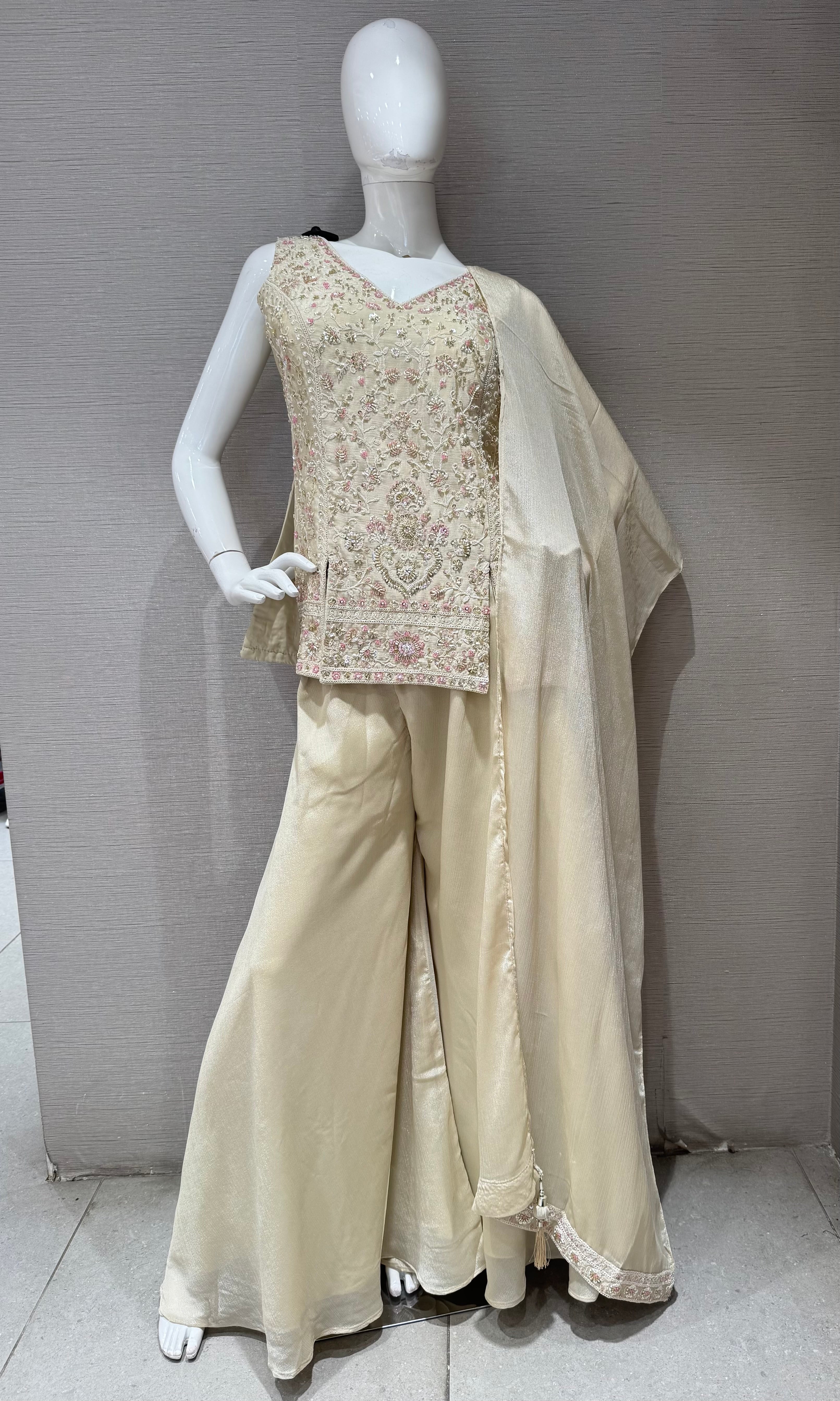 Cream Floral embroidered peplum palazzo set