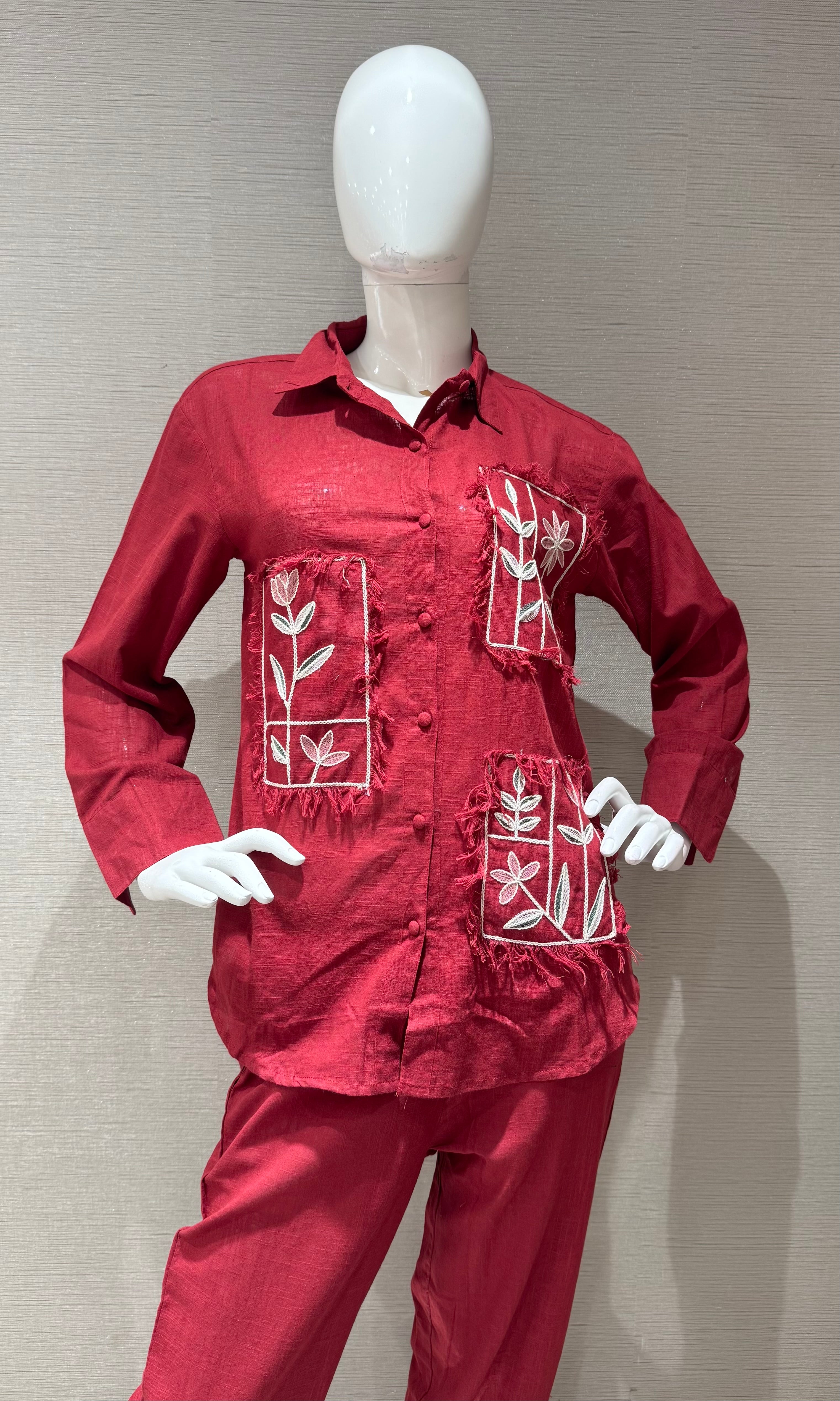 Red cotton embroidery work short cord set
